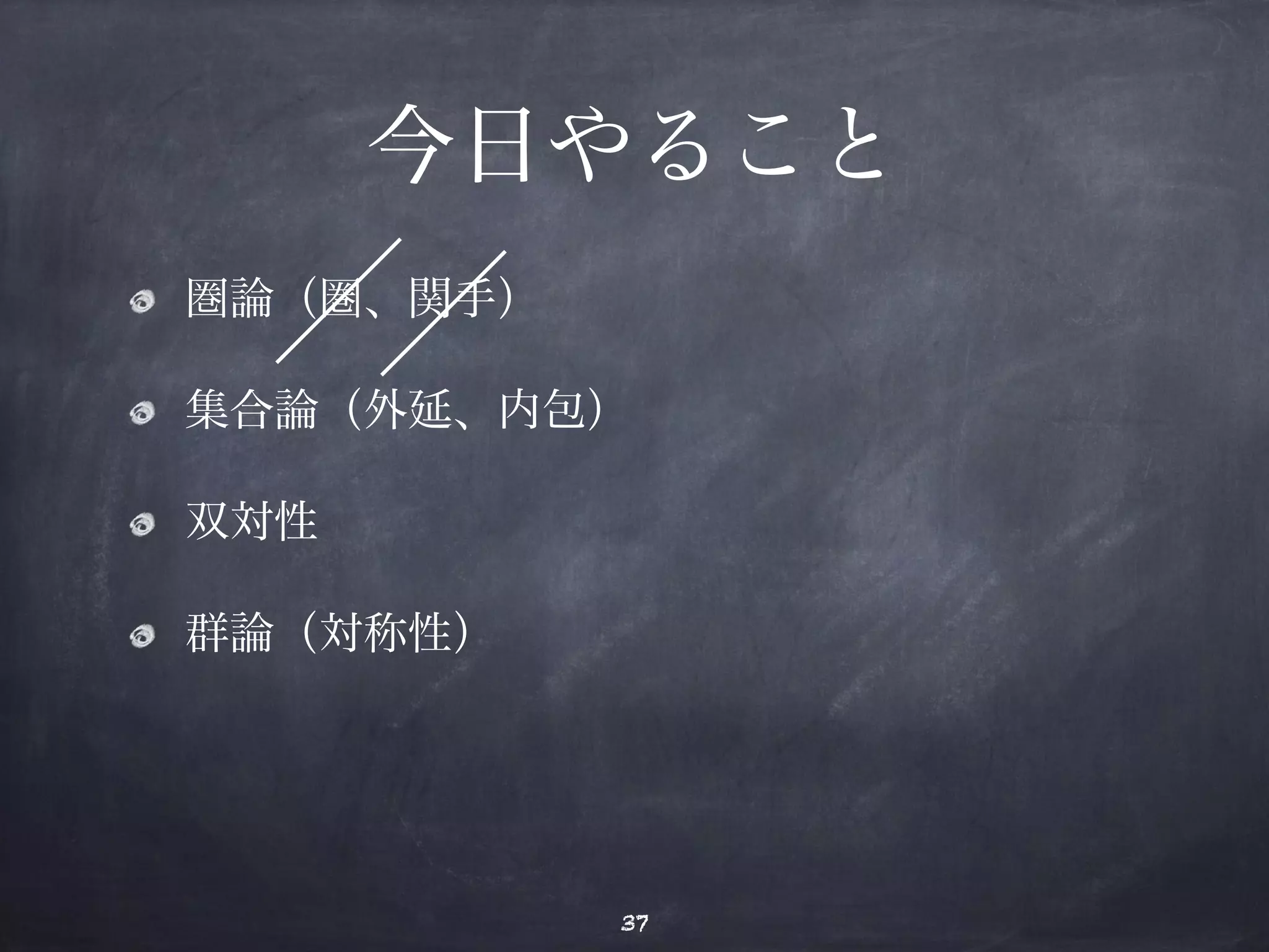今日やること 
圏論（圏、関手） 
集合論（外延、内包） 
双対性 
群論（対称性） 
37 
 
