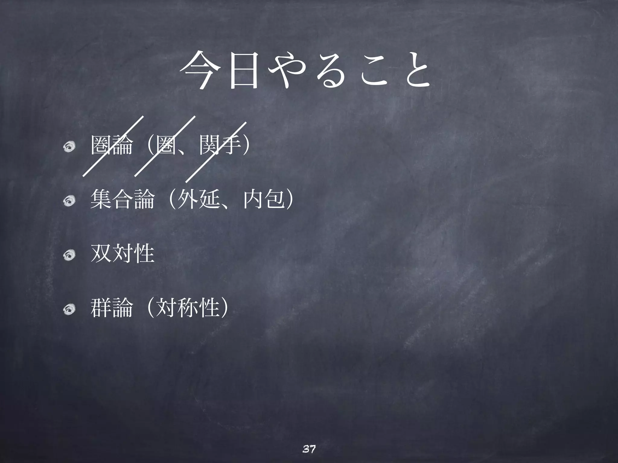 今日やること 
圏論（圏、関手） 
集合論（外延、内包） 
双対性 
群論（対称性） 
37 
 