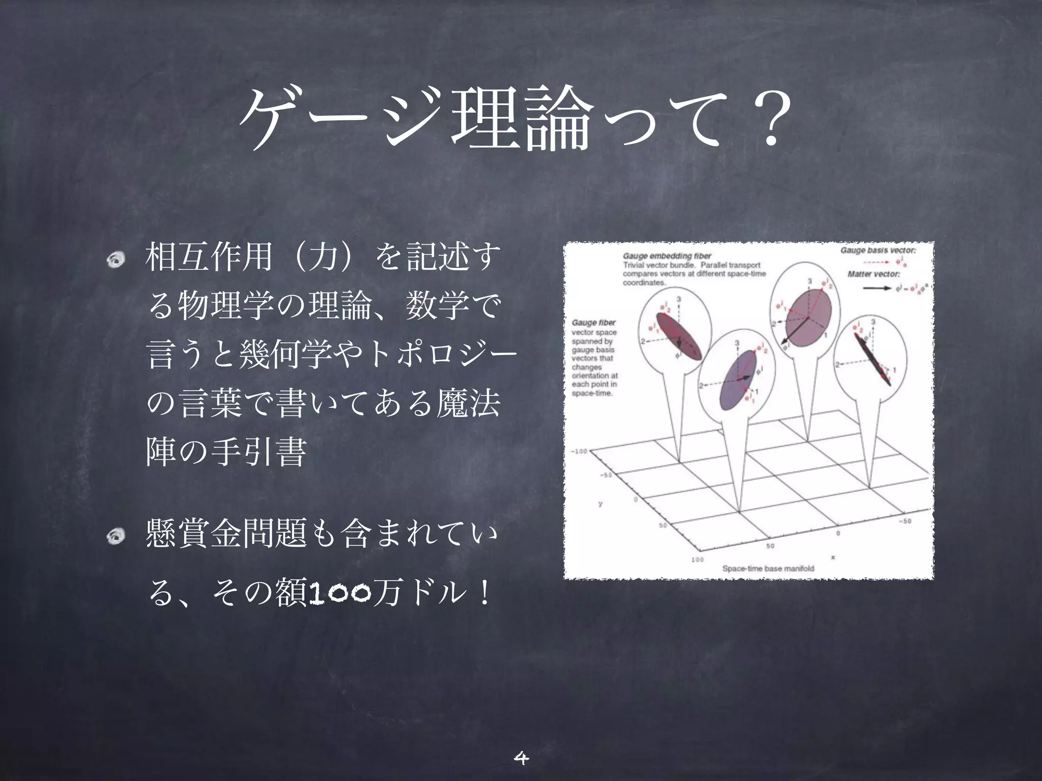 ゲージ理論って？ 
相互作用（力）を記述す 
る物理学の理論、数学で 
言うと幾何学やトポロジー 
の言葉で書いてある魔法 
陣の手引書 
懸賞金問題も含まれてい 
る、その額100万ドル！ 
4 
 