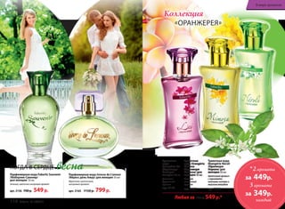Парфюмерная вода Faberlic Souvenir 
/Фаберлик Сувенир/ 
для женщин 50 мл 
Зеленый, цветочно-шипровый аромат 
арт. 3156 700 р. 549 р. 
Туалетная 
вода Orangérie 
Mimosa 
/Оранжери 
Мимоза/ для 
женщин 50 мл 
Зеленый, 
цветочный 
аромат 
арт. 3157 
Туалетная 
вода 
Orangérie Lei 
/Оранжери 
Леи/ для 
женщин 50 мл 
Цветочно- 
фруктовый 
аромат 
арт. 3158 
Туалетная вода 
Orangérie Néroli 
/Оранжери 
Нероли/ для 
женщин 50 мл 
Цветочный аромат 
с горьковато- 
зелеными нотами и 
морским аккордом 
арт. 3166 
Любая за 700 р. 549 р.* 
Парфюмерная вода Ivresse de L’amour 
/Ивресс дель Амур/ для женщин 50 мл 
Фруктово‑цветочный, 
шипровый аромат 
арт. 3165 1150 р. 799 р. 
Коллекция 
«ОРАНЖЕРЕЯ» 
В мире ароматов 
КОГДА В СЕРДЦЕ весна *2 аромата 
за 449р. 
3 аромата 
за 349р. 
118 faberlic № 15/2014 каждый 
 