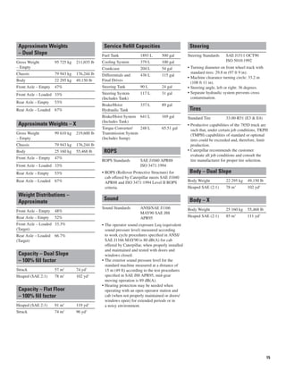 15
Approximate Weights
– Dual Slope
Gross Weight
– Empty
95 725 kg 211,035 lb
Chassis 79 943 kg 176,244 lb
Body 22 295 kg 49,150 lb
Front Axle – Empty 47%
Front Axle – Loaded 33%
Rear Axle – Empty 53%
Rear Axle – Loaded 67%
Approximate Weights – X
Gross Weight
– Empty
99 610 kg 219,600 lb
Chassis 79 943 kg 176,244 lb
Body 25 160 kg 55,468 lb
Front Axle – Empty 47%
Front Axle – Loaded 33%
Rear Axle – Empty 53%
Rear Axle – Loaded 67%
Weight Distributions –
Approximate
Front Axle – Empty 48%
Rear Axle – Empty 52%
Front Axle – Loaded
(Target)
33.3%
Rear Axle – Loaded
(Target)
66.7%
Capacity – Dual Slope
– 100% fill factor
Struck 57 m3
74 yd3
Heaped (SAE 2:1) 78 m3
102 yd3
Capacity – Flat Floor
– 100% fill factor
Heaped (SAE 2:1) 91 m3
119 yd3
Struck 74 m3
96 yd3
Service Refill Capacities
Fuel Tank 1893 L 500 gal
Cooling System 379 L 100 gal
Crankcase 204 L 54 gal
Differentials and
Final Drives
436 L 115 gal
Steering Tank 90 L 24 gal
Steering System
(Includes Tank)
117 L 31 gal
Brake/Hoist
Hydraulic Tank
337 L 89 gal
Brake/Hoist System
(Includes Tank)
641 L 169 gal
Torque Converter/
Transmission System
(Includes Sump)
248 L 65.51 gal
ROPS
ROPS Standards SAE J1040 APR88
ISO 3471:1994
ROPS (Rollover Protective Structure) for
cab offered by Caterpillar meets SAE J1040
APR88 and ISO 3471:1994 Level II ROPS
criteria.
Sound
Sound Standards ANSI/SAE J1166
MAY90 SAE J88
APR95
The operator sound exposure Leq (equivalent
sound pressure level) measured according
to work cycle procedures specified in ANSI/
SAE J1166 MAY90 is 80 dB(A) for cab
offered by Caterpillar, when properly installed
and maintained and tested with doors and
windows closed.
The exterior sound pressure level for the
standard machine measured at a distance of
15 m (49 ft) according to the test procedures
specified in SAE J88 APR95, mid-gear
moving operation is 89 dB(A).
Hearing protection may be needed when
operating with an open operator station and
cab (when not properly maintained or doors/
windows open) for extended periods or in
a noisy environment.
•
•
•
•
Steering
Steering Standards SAE J1511 OCT90
ISO 5010:1992
Turning diameter on front wheel track with
standard tires: 29.8 m (97 ft 9 in).
Machine clearance turning circle: 33.2 m
(108 ft 11 in).
Steering angle, left or right: 36 degrees.
Separate hydraulic system prevents cross
contamination.
Tires
Standard Tire 33.00-R51 (E3 & E4)
Productive capabilities of the 785D truck are
such that, under certain job conditions, TKPH
(TMPH) capabilities of standard or optional
tires could be exceeded and, therefore, limit
production.
Caterpillar recommends the customer
evaluate all job conditions and consult the
tire manufacturer for proper tire selection.
Body – Dual Slope
Body Weight 22 295 kg 49,150 lb
Heaped SAE (2:1) 78 m3
102 yd3
Body – X
Body Weight 25 160 kg 55,468 lb
Heaped SAE (2:1) 85 m3
111 yd3
•
•
•
•
•
•
 