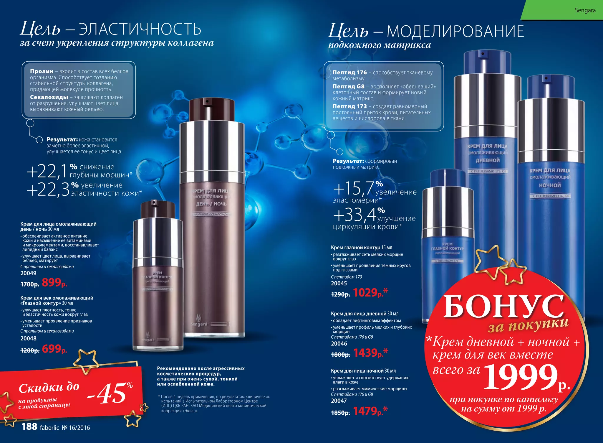 Крем для век омолаживающий
«Глазной контур» 30 мл
•	улучшает плотность, тонус
и эластичность кожи вокруг глаз
•	уменьшает проявление признаков
усталости
C пролином и секалозидами
20048
1200р. 699р.
Крем для лица омолаживающий
день / ночь 30 мл
•	обеспечивает активное питание
кожи и насыщение ее витаминами
и микроэлементами, восстанавливает
липидный баланс
•	улучшает цвет лица, выравнивает
рельеф, матирует
C пролином и секалозидами
20049
1700р. 899р.
Цель –ЭЛАСТИЧНОСТЬ
за счет укрепления структуры коллагена
Рекомендовано после агрессивных
косметических процедур,
а также при очень сухой, тонкой
или ослабленной коже.
* После 4 недель применения, по результатам клинических
испытаний в Испытательном Лабораторном Центре
(ИЛЦ) ЦКБ РАН, ЗАО Медицинский центр косметической
коррекции «Эклан».
+22,1% снижение
глубины морщин*
+22,3% увеличение
эластичности кожи*
Результат: кожа становится
заметно более эластичной,
улучшается ее тонус и цвет лица.
Пролин – входит в состав всех белков
организма. Способствует созданию
стабильной структуры коллагена,
придающей молекуле прочность.
Секалозиды – защищают коллаген
от разрушения, улучшают цвет лица,
выравнивают кожный рельеф.
Цель –МОДЕЛИРОВАНИЕ
подкожного матрикса
Крем для лица дневной 30 мл
•	обладает лифтинговым эффектом
•	уменьшает профиль мелких и глубоких
морщин
С пептидами 176 и G8
20046
1800р. 1439р.*
Крем для лица ночной 30 мл
•	увлажняет и способствует удержанию
влаги в коже
•	разглаживает мимические морщины
С пептидами 176 и G8
20047
1850р. 1479р.*
Крем глазной контур 15 мл
•	разглаживает сеть мелких морщин
вокруг глаз
•	уменьшает проявления темных кругов
под глазами
С пептидом 173
20045
1290р. 1029р.*
+15,7%
увеличение
эластомерии*
+33,4%
улучшение
циркуляции крови*
Результат: сформирован
подкожный матрикс.
Пептид 176 – способствует тканевому
метаболизму.
Пептид G8 – восполняет «обедневший»
клеточный состав и формирует новый
кожный матрикс.
Пептид 173 – создает равномерный
постоянный приток крови, питательных
веществ и кислорода в ткани.
БОНУСза покупки
при покупке по каталогу
на сумму от 1999 р.
всего за
1999р.
Крем дневной + ночной +
крем для век вместе
на продукты
с этой страницы -45%
Скидки до
Sengara
188 faberlic № 16/2016
 