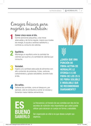 27NUTRICIÓN BÁSICA
¿SABÍA QUE UNA
PORCIÓN DE
FIBRA ACTIVA DE
HERBALIFE LE
OTORGA 5 G DE
FIBRA DE LOS 25 G
DE FIBRA SOLUBLE
E INSOLUBLE QUE
SE RECOMIENDAN
DIARIAMENTE?
La frecuencia y el horario de sus comidas son dos de los
secretos de nutrición más importantes que usted puede
utilizar para alcanzar un cuerpo en forma y saludable.
Ser organizado es vital si es que desea cumplir sus
objetivos.
Consejos básicos para
mejorar su nutrición:
Comer cinco veces al día.
Comer porciones pequeñas, a las horas
adecuadas y de forma regular, mejora sus niveles
de energía, le ayuda a sentirse satisfecho y
controla su consumo de calorías.
Variedad.
Ingiera una cantidad adecuada de alimentos con
alto contenido de proteínas, frutas, verduras,
carbohidratos y grasas saludables, durante todo
el día.
Equilibrio.
Mantenga un equilibrio entre la cantidad de
calorías que quema y la cantidad de calorías que
consume.
1
2
3
4
Sin saltos.
Saltarse las comidas, como el desayuno, por
ejemplo, sólo le conducirá a comer en exceso y
fomentar malos hábitos alimenticios.
ES
BUENO
SABERLO
PRD-21240-CatalogoProducto-SEP2015-PE.indd 27 10/1/15 11:59 AM
 