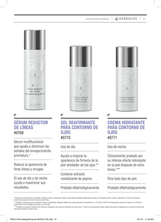 37NUTRICIÓN EXTERNA
* Probado en personas para comprobar suavidad, tersura, resplandor, fulgor y luminosidad mediante clasificación experta en intervalos de dos, cuatro y siete días. El 100% de personas
mostró una mejora en las cinco áreas en siete días.
*** Probado en personas midiendo los niveles de hidratación de la piel en intervalos de ocho horas. El 100% de las personas mostró niveles más altos de hidratación en la piel por encima del
nivel base después de ocho horas.
** Probado en personas para comprobar firmeza y elasticidad mediante clasificación visual experta en intervalos de 7 y 42 días. Un 85% de las personas mostró una mejora en la firmeza /
elasticidad de la piel debajo de los ojos a los 42 días.
Sérum multifuncional
que ayuda a disminuir las
señales del envejecimiento
prematuro.*
Reduce la apariencia de
finas líneas y arrugas.
El uso de día y de noche
ayuda a maximizar sus
resultados.
Uso de día.
Ayuda a mejorar la
apariencia de firmeza de la
piel alrededor de los ojos.**
Contiene extracto
revitalizante de pepino.
Probado oftalmológicamente.
Uso de noche.
Clínicamente probado por
su intenso efecto hidratante
en la piel después de ocho
horas.***
Para todo tipo de piel.
Probado oftalmológicamente.
SÉRUM REDUCTOR
DE LÍNEAS
#0768
GEL REAFIRMANTE
PARA CONTORNO DE
OJOS
#0770
CREMA HIDRATANTE
PARA CONTORNO DE
OJOS
#0771
PRD-21240-CatalogoProducto-SEP2015-PE.indd 37 10/1/15 11:59 AM
 