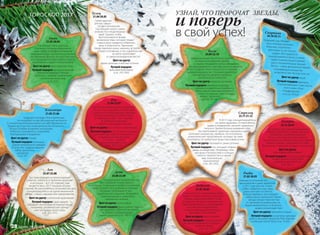 ГОРОСКОП 2017 Телец
21.04-20.05
Самая удачная
для вас сфера –
профессиональная.
Год обещает много новых
знакомств и плодотворных
идей. Однако чтобы
воспользоваться всеми
возможностями, которые плывут
к вам в руки, придется отбросить
лень и инертность. Одинокие
представители знака, наконец, встретят
вторую половинку, и эта судьбоносная
встреча произойдет
в самом неожиданном месте!
Цвет на удачу:
яркие зеленые и желтые оттенки.
Лучший подарок:
красивая бижутерия
(стр. 242-249).
Козерог
22.12-20.01
Год пройдет под звездой романтики
и любви. Откройтесь новым чувствам,
не бойтесь проявлять эмоции!
Успех на личном фронте повлечет
положительные изменения во всех сферах
жизни и придаст уверенности в себе.
Внутреннюю гармонию подарит творчество.
Цвет на удачу:
шоколадно-коричневый.
Лучший подарок: статусный, дорогой.
Козерог оценит роскошные
средства серии Platinum
(стр. 68-71).
Водолей
21.01-20.02
Огненный Петух покровительствует
новым планам и помогает воплотить
в жизнь задуманное ранее. Чтобы
не упустить выгодные предложения,
будьте внимательны и анализируйте
все, что происходит вокруг.
В конце года ожидайте большое
денежное поступление.
Цвет на удачу: ярко-голубой.
.Лучший подарок: инновационная
косметика. Идеально подойдет –
линия Air Stream
(стр. 102-111).
Весы
24.09-23.10
Неоднозначный год. Многое зависит
от вашего отношения к делам
и людям. Не давайте пустых обещаний,
не признавайтесь в чувствах, если не уверены
в них. К работе стоит относиться с позиции
самореализации, а не с позиции заработка –
чем меньше вы думаете о деньгах,
тем больше их получите!
Цвет на удачу: кремово-розовый.
Лучший подарок: идеально подойдут
наборы в подарочных коробках –
Весы оценят красивую упаковку
ничуть не меньше, чем ее содер-
жимое. Загляните
на (стр. 34-35).
Овен
21.03-20.04
Год обещает быть удачным.
Сложные ситуации разрешатся
сами собой, а профессиональные
свершения будут дополнены успехами
на любовном фронте. Не упустите шанс
для саморазвития! Действуйте открыто,
решительно и идите только вперед!
Цвет на удачу: ярко-красные тона.
Лучший подарок: функциональный.
Идеально подойдут теплые
колготки – нужный, практичный
и стильный аксессуар 
(стр. 215).
Дева
24.08-23.09
Насыщенный и интересный год.
Уже в феврале почувствуются
позитивные тенденции в профессиональной
сфере. Ближе к лету возможны сложные
ситуации, требующие от вас
судьбоносного решения. Доверяйте
своей интуиции и отвергайте
навязанные мнения.
Цвет на удачу: коричневый.
Лучший подарок: Девы оценят подарок
для здоровья. Обратите внимание
на соответствующий раздел
нашего каталога (стр. 180-187).
Лев
23.07-23.08
Быстрая реакция на происходящие
события, смелость в принятии решений
и интуиция – вот что поможет вам
провести весь 2017 год рука об руку
с Удачей. Не распыляйтесь на множество дел,
сконцентрируйтесь на одной жизненной
сфере – семье, карьере или саморазвитии.
Цвет на удачу: солнечный оранжевый.
Лучший подарок: Царя зверей
обрадуют эксклюзивные модные вещи,
например, дизайнерская одежда
или трендовые аксессуары
(стр. 222-241).
Рыбы
21.02-20.03
Главным источником сил,
вдохновения и даже заработка
в 2017 году для вас станет
хобби. Займитесь тем, чему
давно мечтали посвятить
больше времени, или найдите
новые яркие увлечения. Также
звезды предостерегают вас
от чрезмерной доверчивости.
Будьте внимательны, и Фортуна
щедро вознаградит вас!
Цвет на удачу: жемчужно-серый.
Лучший подарок: косметика премиум-
класса. Высоким запросам Рыб отвечает
коллекция Secret Story (стр. 76-83).
Стрелец
23.11-21.12
В 2017 году сконцентрируйтесь
на своем здоровье. Остерегайтесь
травм и отравлений, начните правильно
питаться. Уделяя больше внимания себе,
вы притягиваете приятные сюрпризы судьбы:
полезные знакомства, прибыль. Не исключены
романтические предложения, которые заставят
посмотреть на привычные вещи под новым углом.
Цвет на удачу: лиловый и синие оттенки.
Лучший подарок: тот, который откроет
дверь в новый мир. Например, гели
для душа «Путешествие к солнцу»
помогут перенестись в яркий
мир экзотических
приключений
(стр. 262-263).
Близнецы
21.05-21.06
Грядущий год будет благоприятным,
но потребует от вас абсолютной честности
и точного выполнения взятых на себя обязательств.
Взамен вы получите покровительство Огненного
Петуха. В любви возможно испытание.
Чтобы его преодолеть, сохраняйте
благоразумие и выдержку.
Цвет на удачу: синий.
Лучший подарок: Близнецы
оценят возможность выбора.
В качестве подарка идеален
набор ароматных
миниатюр
(стр. 35).
УЗНАЙ, ЧТО ПРОРОЧАТ ЗВЕЗДЫ,
и поверь
в свой успех! Скорпион
24.10-22.11
Грядущий год обещает
быть непредсказуемым.
Впрочем, скорпиона-
авантюриста это только
радует. Все трудности
преодолеваются легко, а новые
яркие знакомства доставляют
массу положительных эмоций.Весна – самое динамичное время,
открывающее множество
возможностей. Не упустите их!
Цвет на удачу: алый.
Лучший подарок: ароматы,
подчеркивающие страстность
этого знака. Блок
«Парфюмерия» -
на (стр. 34-63).
Рак
22.06-22.07
Год Петуха начнется для вас динамич-
но, но стоит сохранять спокойствие
и научиться контролировать эмоции.
Больше внимания уделяйте семье
и любимому хобби – это поможет
оставаться в гармонии
с собой и окружающим миром.
Цвет на удачу: все оттенки коричневого.
Лучший подарок: тот, который поможет
расслабиться. Обратите внимание,
например, на гели для душа
La Crème – нежные
и погружающие в негу
(стр. 266-267).
28 faberlic № 18/2016
 