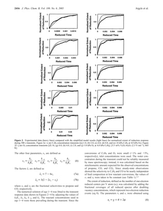The other four parameters, i, are defined as
The factors λi are defined as
where x1 and x2 are the fractional selectivities to propene and
CO, respectively.
The numerical solution of eqs 1-4 was fitted to the transient
response data shown in Figures 2-4 by adjusting the values of
k2K1, k3, k4, k-4, and k5. The reactant concentrations used in
eqs 1-4 were those prevailing during the transient. Since the
conversions of C3H8 and O2 were small (<1% and <5%,
respectively), inlet concentrations were used. The water con-
centration during the transient could not be reliably measured
by mass spectroscopy; instead, it was calculated based on the
stoichiometric amount expected for the observed concentrations
of propene, CO, and CO2. Since steady-state observations
showed the selectivity to C3H6 and CO to be nearly independent
of feed composition at low reactant conversions, the values of
x1 and x2 were taken to be constant (see Table 1).2,3
The extent of reduction, defined as the number of one-electron
reduced centers per V atom (nr), was calculated by adding the
fractional coverages of all reduced species after doubling
vacancy concentrations, which represent two-electron reduction
events (eq 8). The parameters τr and i were obtained using
Figure 2. Experimental data (heavy lines) compared with the simplified model results (light lines) for normalized extent of reduction response
during 300 s transients. Figure 2a-e are C3H8 concentration transients [(a) 1.0, (b) 2.0, (c) 4.0, (d) 8.0, and (e) 16 kPa C3H8 at 4.0 kPa O2]. Figure
2f-j are O2 concentration transients [(f) 16, (g) 8.0, (h) 4.0, (i) 2.0, and (j) 1.0 kPa O2 at 4.0 kPa C3H8]. [3.5 wt% V2O5/Al2O3 (2.3 V nm-2
), 603
K].
1 )
k3
k2K1
2 )
k-4
k2K1
3 )
k4
k2K1
4 )
k5
k2K1
(6)
λ1 ) 7 - 6x1 (7a)
λ2 ) 3(2 - 2x1 - x2) (7b)
nr ) χ + θ + 2φ (8)
2416 J. Phys. Chem. B, Vol. 109, No. 6, 2005 Argyle et al.
 