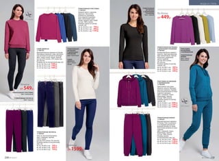 ТРИКОТАЖНЫЕ ЛЕГИНСЫ
117W3501
Пояс на эластичной резинке.
Цвет: сливовый, черный,
темно-синий.
Состав: 95% хлопок, 5% эластан.
Размеры (длина по внутреннему
шву, см):
40, 42, 44 (69±2 см): 	 549 р.
46, 48, 50 (69±2 см):	 649 р.
52, 54, 56 (69±2 см):	 749 р.
ТРИКОТАЖНАЯ ТОЛСТОВКА
117W2501
Прямой силуэт с круглым
вырезом. Эластичная
резинка по горловине,
низу изделия и рукавам.
Цвет: малиновый, ярко-
синий, черный, серо-синий.
Состав: 100% хлопок.
Размеры (длина по центру
спинки, см):
40, 42, 44 (55±1 см): 	 799 р.
46, 48, 50 (59±1 см):	 999 р.
52, 54, 56 (63±1 см):	1199 р.
ТРИКОТАЖНАЯ ТОЛСТОВКА
Цвет: малиновый
ТРИКОТАЖНЫЕ ЛЕГИНСЫ
Цвет: черный
ТРИКОТАЖНАЯ ФУТБОЛКА
С ДЛИННЫМИ РУКАВАМИ
117W2901
Базовая футболка прямого
силуэта с круглым вырезом.
Цвет: фиолетовый, черный,
молочный, оливковый,
светло-голубой.
Состав: 95% хлопок,
5% эластан.
Размеры (длина по центру
спинки, см):
40, 42, 44 (58±1 см): 	 449 р.
46, 48, 50 (60±1 см):	 549 р.
52, 54, 56 (62±1 см):	 649 р.
ТОЛСТОВКА НА МОЛНИИ
С КАПЮШОНОМ
117W2502
Трикотажная толстовка
прямого силуэта. Функцио-
нальные карманы спереди.
Эластичная резинка по низу
изделия и рукавам.
Цвет: сливовый, темно-
бирюзовый, черный.
Состав: 100% хлопок.
Размеры (длина по центру
спинки, см):
40, 42, 44 (60±1 см): 	1099 р.
46, 48, 50 (62±1 см):	1299 р.
52, 54, 56 (64±1 см):	1499 р.
ТРИКОТАЖНЫЕ БРЮКИ
117W3201
Функциональные карманы
по бокам. Пояс на резинке
и со шнурком для регули-
рования объема по талии.
Эластичная резинка по низу
изделия.
Цвет: сливовый, темно-
бирюзовый, черный.
Состав: 100% хлопок.
Размеры (длина
по внутреннему шву, см):
40, 42, 44 (76±2 см): 	 999 р.
46, 48, 50 (76±2 см):	1199 р.
52, 54, 56 (76±2 см):	1399 р.
ТРИКОТАЖНАЯ
ФУТБОЛКА
С ДЛИННЫМИ
РУКАВАМИ
Цвет: черный
Футболка
от 449р.
ТОЛСТОВКА
НА МОЛНИИ
С КАПЮШОНОМ
ТРИКОТАЖНЫЕ
БРЮКИ
Цвет: темно-
бирюзовый
УЗКИЕ ДЖИНСЫ
117W3101
Функциональные карманы по бокам.
Накладные карманы сзади. Централь-
ная застежка на молнии и пуговице.
Цвет: темно-синий, серый, черный.
Состав: 65% хлопок, 33% полиэстер,
2% эластан.
Размеры (на по внутреннему шву, см):
40, 42, 44 (76±2 см): 	1599 р.
46, 48, 50 (76±2 см):	1799 р.
52, 54, 56 (76±2 см):	1999 р.
ТРИКОТАЖНАЯ
ФУТБОЛКА
С ДЛИННЫМИ
РУКАВАМИ
Цвет: молочный
УЗКИЕ
ДЖИНСЫ
Цвет: темно-
синий
Джинсы
от 1599р.
Легинсы
от 549р.
258 №19/2017 №19/2017 259
МОДА И СТИЛЬ
 