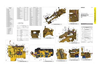 980K Wheel Loader and
Electrical System
980K OEM Wheel Loader
W7K1-UP
NEP1-UP
GTZ1-UP
Volume 1 of 2: Engine and Chassis
© 2014 Caterpillar, All Rights Reserved Printed in U.S.A.
KENR6462-05
November 2014
Pressure
Symbol
T
Temperature
Symbol
Level
Symbol
Flow
Symbol
Circuit Breaker
Symbol
Harness and Wire Symbols
Symbols
Symbols and Definitions
Harness And Wire Electrical Schematic Symbols
Fuse: A component in an electrical circuit that will open the circuit if too much current flows
through it.
Switch (Normally Open): A switch that will close at a specified point (temp, press, etc.). The
circle indicates that the component has screw terminals and a wire can be disconnected from it.
Switch (Normally Closed): A switch that will open at a specified point (temp, press, etc.).
No circle indicates that the wire cannot be disconnected from the component.
Ground (Wired): This indicates that the component is connected to a grounded wire. The
grounded wire is fastened to the machine.
Ground (Case): This indicates that the component does not have a wire connected to ground.
It is grounded by being fastened to the machine.
Reed Switch: A switch whose contacts are controlled by a magnet. A magnet closes the
contacts of a normally open reed switch; it opens the contacts of a normally closed reed switch.
Sender: A component that is used with a temperature or pressure gauge. The sender
measures the temperature or pressure. Its resistance changes to give an indication to
the gauge of the temperature or pressure.
T
Relay (Magnetic Switch): A relay is an electrical component that is activated by electricity.
It has a coil that makes an electromagnet when current flows through it. The
electromagnet can open or close the switch part of the relay.
Magnetic Latch Solenoid: A magnetic latch solenoid is an electrical component that is
activated by electricity and held latched by a permanent magnet. It has two coils (latch and unlatch)
that make electromagnet when current flows through them. It also has an internal switch that places
the latch coil circuit open at the time the coil latches.
Solenoid: A solenoid is an electrical component that is activated by electricity. It has a
coil that makes an electromagnet when current flows through it. The electromagnet
can open or close a valve or move a piece of metal that can do work.
1
2
AG-C4
111-7898
L-C12
3E-5179
9X-1123
Component
Part Number
Pin or Socket Number
Part Number: for Connector Receptacle
Part Number: for Connector Plug
Harness Identification Letter(s):
(A, B, C, ..., AA, AB, AC, ...)
Plug
325-AG135 PK-14
Wire Color
Wire Gauge
Receptacle
1
1
2
2
Sure-Seal connector: Typical representation
of a Sure-Seal connector. The plug and receptacle
contain both pins and sockets.
Deutsch connector: Typical representation
of a Deutsch connector. The plug contains all
sockets and the receptacle contains all pins.
Fuse (5 Amps)
5A
Harness identification code:
This example indicates wire group 325,
wire 135 in harness "AG".
L-C12
3E-5179
Wire, Cable, or Harness
Assembly Identification: Includes
Harness Identification Letters and
Harness Connector Serialization
Codes (see sample).
Harness Connector Serialization Code:
The "C" stands for "Connector" and the
number indicates which connector in the
harness (C1, C2, C3, ...).
KENR6462-05
VOL
1
of
2
42
Page,
(Dimensions:
56
inches
x
35
inches)
RIGHT REAR FRAME LEFT REAR FRAME
TOP ENGINE VIEW
ENGINE ARD VIEW
ENGINE SIDE VIEW
FRONT FRAME
CENTER FRAME
IMPLEMENT VALVE
STEERING VALVE
CHASSIS WIRING
62 61
CONN 7
40
CONN 5
CONN 4
70
69
CONN 3
55
54
57
60
52
71
58
16
CONN 9
CONN 10
CONN11
34
86
CONN 6
41
65
22 (NOT SHOWN)
3 (NOT SHOWN)
1
15
21
14
47
59
46
31
13
88 87
50
198
197
196 51 CONN 8
INJ 1
INJ 2
INJ 3
INJ 4
INJ 5
INJ 6
CONN 12
56
80
6
(Batteries 3 and 4) CONN 14
38
35
22
CONN 20
CONN 21
CONN 22
CONN 23
CONN 24
7
8
11
10
9
5
33
CONN 2
CONN 16
CONN 19
23
18
6
(Batteries 1 and 2)
37
CONN 17
4
36
19
CONN 15
CONN 30
CONN 13
48
CONN 1
44
20
CONN 29
CONN 34
CONN 35
CONN 32
CONN 33
49
CONN 45
CONN 44
CONN 18
28
25
74
53
81
CONN 26
72 64
73
82
76
CONN 31
43
CONN 39
CONN 40
68
63
84
85
CONN 27*
(*UNDERSIDE OF MOUNTING PLATE)
75*
CONN 46
78
39
2
201
202
199
200
12
89
32
CONN 42
66
CONN 28
45
CONN 14
CONN 25
27
83
26
30
17
CONN 43
CONN 41
CONN 36
CONN 37
CONN 38
77
67
42
79
(REVERSE SIDE OF ENGINE)
90
91
92 93
94
95
96
97
98
99
100
101
102
103
104
105
106
107
108
109
110
111
112
113
114
115
116
117
118
119
120
121
122
123
124
125
126
127
128
129
130
Component Identifiers (CID¹)
Module Identifier (MID²)
Engine Control
(MID No. 036)
CID Component
0001 Cylinder #1 Injector
0002 Cylinder #2 Injector
0003 Cylinder #3 Injector
0004 Cylinder #4 Injector
0005 Cylinder #5 Injector
0006 Cylinder #6 Injector
0041 8 Volt DC Supply
0091 ThrottlePositionSensor
0100 Engine Oil Pressure Sensor
0101 Crankcase Air Pressure Sensor
0110 Engine Coolant Temperature Sensor
0168 Electrical System Voltage
0174 Fuel Temperature Sensor
0190 Engine Speed Sensor
0246 Proprietary CAN Data Link
0247 SAE J1939 Data Link
0253 Personality Module
0261 Engine Timing Calibration
0262 5 Volt Sensor DC Power Supply
0267 Remote Shutdown Input
0268 Programmed Parameter Fault
0274 Atmospheric Pressure Sensor
0291 Engine Cooling Fan Solenoid
0296 Transmission Control
0342 Secondary Engine Speed Sensor
0460 Fuel Pressure Sensor -After Fuel Filter
0485 Engine Fan Reversing Solenoid
0596 Implement Control
1076 Engine Cooling Fan Bypass Solenoid
1551 Engine Demand Fan System
1639 Machine Security System Module
1785 Intake Manifold Pressure Sensor
2131 5 Volt Sensor DC Power Supply #2
2417 Ether Injection Control Solenoid
2452 Particulate Trap #1 Intake Temperature Sensor
2458 Particulate Trap #1 Differential Pressure Sensor
2460 Aftertreatment Regeneration Device Fuel Pressure Sensor
2461 Aftertreatment Regeneration Device Fuel Pressure Control Actuator
2465 Aftertreatment Regeneration Device Ignition Transformer Primary
2489 Aftertreatment Regeneration Device Air Pressure Control Actuator
2490 Aftertreatment Regeneration Device Air Pressure Control Actuator Position Sensor
2497 Aftertreatment Regeneration Device Purge Air Pressure Sensor
2526 Air Inlet Temperature Sensor
2533 Compression Brake Low/High Solenoid #1
2535 Compression Brake Medium/High Solenoid #1
2602 Cylinder #1 Injector Actuator #2
2604 Cylinder #2 Injector Actuator #2
2606 Cylinder #3 Injector Actuator #2
2608 Cylinder #4 Injector Actuator #2
2610 Cylinder #5 Injector Actuator #2
2612 Cylinder #6 Injector Actuator #2
2738 Turbocharger #1 Compressor Inlet Pressure Sensor
3180 Aftertreatment#1IgnitionTransformerSecondary
3182 Aftertreatment#1FuelInjector#1Heater
3372 EngineChargeAirCooler#1OutletTemperatureSensor
3385 Engine Exhaust Gas Recirculation Intake Pressure Sensor
3386 Engine Exhaust Gas Recirculation Temperature Sensor
3387 Engine Exhaust Gas Recirculation Differential Pressure Sensor
3391 Aftertreatment Regeneration Device Fuel Pressure #2 Control Actuator
3397 Diesel Particulate Filter #1 Soot Loading Sensor
3405 Engine Exhaust Gas Recirculation Valve Control
3409 Engine Exhaust Manifold Bank #1 Flow Balance Valve Actuator
3413 Aftertreatment Regeneration Device Fuel Flow Diverter Actuator
3427 Aftertreatment Fuel Pump Relay
3464 DPF #1 Intake Pressure Sensor
3468 Aftertreatment #1 Identification Number Module
3471 ARD Air Pressure Control Module
3472 ARD Air Pressure Control System
3482 Sensor Supply #3
3485 Aftertreatment #1 Exhaust Gas Temperature #1 Sensor
3493 Aftertreatment #1 Secondary Air Pressure Sensor
Event Codes
Engine Control
Event Code Condition
E0096 High Fuel Pressure
E0198 Low Fue lPressure
E0232 High Fuel/Water Separator Water Level
E0265 User Defined Shutdown
E0360 Low Engine Oil Pressure
E0361 High Engine Coolant Temperature
E0362 Engine Overspeed
E0363 High Fuel Supply Temperature
E0441 Idle Elevated to Increase Battery Voltage
E0539 High Intake Manifold Air Temperature
E0583 High Air Inlet #1 Differentia lPressure
E0593 Aftertreatment Insufficient Temperature to Complete Regeneration
E0678 Ground Level Shutdown
E0991 DPF Active Regeneration Inhibited Due to Permanent System Lockout
E0992 DPF Active Regeneration Inhibited Due to Temporary System Lockout
E0993 DPF Active Regeneration Inhibited Due to Inhibit Switch
E0995 High DPF #1 Soot Loading
E0997 High DPF #1 Ash Loading
E1008 High DPF #1 Intake Temperature
E1014 Low DPF #1 Intake Temperature
E1025 Aftertreatment #1 Failed to Ignite
E1026 Aftertreatment #1 Loss of Combustion
E1036 High Crankcase Pressure
E1040 ARD Manually Disabled
E1045 Low Intake Manifold Pressure
E1050 High Aftertreatment #1 Fuel Pressure #1
E1051 HighAftertreatment#1FuelPressure#2
E1052 LowAftertreatment#1FuelPressure#1
E1053 LowAftertreatment#1FuelPressure#2
E1070 Aftertreatment Fuel Injector #1 not responding
E1090 High EGR Intake Pressure
E1092 High EGR Temperature
E1093 Low EGR Differential Pressure
E1094 High EGR Differential Pressure
E1095 Low EGR Mass Flow Rate
E1096 High EGR Mass Flow Rate
E1123 Engine Exhaust Manifold Bank #1 Flow Balance Valve Not Responding to Command
E1154 Low DPF #1 Intake Pressure
E1156 High DPF #1 Intake Pressure
E1170 Low Aftertreatment #1 Secondary Air Pressure
E1171 Engine Idle Shutdown Occurred
E1172 Engine Idle Shutdown Pending
E1217 Delayed Engine Shutdown Override
E1239 DPF #1 Conditions Not Met for Active Regeneration
E1300 Aftertreatment Regeneration Cannot Start Due To Low Engine Temperature
E1301 Aftertreatment Regeneration Cannot Start Due To System Fault
E1302 Aftertreatment Regeneration Cannot Start Due To Conditions Not Met
E1305 Initial Assembly Aftertreatment #1 Regeneration Required
Failure Mode Identifiers (FMI)¹
FMI No. Failure Description
0 Data valid but above normal operational range.
1 Data valid but below normal operational range.
2 Data erratic, intermittent, or incorrect.
3 Voltage above normal or shorted high.
4 Voltage below normal or shorted low.
5 Current below normal or open circuit.
6 Current above normal or grounded circuit.
7 Mechanical system not responding properly.
8 Abnormal frequency, pulse width, or period.
9 Abnormal update.
10 Abnormal rate of change.
11 Failure mode not identifiable.
12 Bad device or component.
13 Out of calibration.
14 Parameter failures.
15 Parameter failures.
16 Parameter not available.
17 Module not responding.
18 Sensor supply fault.
19 Condition not met.
20 Parameter failures.
¹The FMI is a diagnostic code that indicates what type of failure has occurred.
Vol. 1 Off-Machine Switch Specification
Part No. Function Actuate Deactuate Contact Position
114-5333 AC High/Low Pressure
275 kPa¹
Low
High
Normally Open
(40 psi)
2800 ± 140 kPa¹
(406 ± 20.3 psi)
170 ± 55 kPa¹
(25 ± 8 psi)
1750 ± 200 kPa¹
(254 ± 29 psi)
149-6371 AC Low Pressure
103.4 ± 13.8 kPa 34.5 ± 7 kPa
Normally Open
(15 ± 2 psi) (5 ± 1 psi)
355-7004 Hydraulic Filter Bypass
497 kPa _
Normally Closed
(72 psi) _
¹ With increasing pressure the closed condition can be maintained up to 2800 kPa (405 psi), with decreasing pressure the closed condition can be maintained
down to 170 kPa (25 psi).
² Contact position at the contacts of the harness connector.
Vol. 1 Resistor, Sender and Solenoid Specifications
Part No. Component Description Resistance (Ohms)¹
134-2540 Resistor:
Engine J1939 CAN
Engine CAN
CAN A (2) 120 ± 12
183-7595 Solenoid: Demand Speed Fan 5.0 ± 0.3
239-1134 Solenoid: Start Aid 20
240-7192 Resistor:
Engine Cable Shield Monitor (1)
Engine Cable Shield Monitor (5)
Engine Cable Shield Monitor (2)
Engine Cable Shield Monitor (3)
Engine Cable Shield Monitor (4)
1500 ± 75
241-5895 Solenoid: Implement Pilot Supply 33.75 ± 1.7
244-3114 Solenoid:
Clutch 1 - 6
Lock Up Clutch
8.7 ± 0.4
251-3268 Solenoid:
Fan Block
Ride Control (Head End)
Transmission Bypass
Ride Control (Balance)
256-6453 Sender: Hydraulic Oil Temperature
-40°C = 33.65k
25°C = 1k
150°C = 18.8
264-4297 Sender:
Front Axle Oil Temperature
Rear Axle Oil Temperature
Transmission Oil Temperature
-40°C = 33.65k
25°C = 1k
150°C = 18.6
277-8863 Solenoid: Park Brake
297-1860 Solenoid: Axle Oil Cooler Clutch 9.4 ± 5.0
300-3556 Solenoid: Fuel Priming 31.1 ± 2.4
313-7668 Solenoid:
Left Prime Steering
Lower
3rd Function Port B
Right Prime Steering
Left Seconary Steering
Right Secondary Steering
Rack Back
Raise
Dump
3rd Function Port A
5.0 ± 0.3
320-1291 Solenoid: A/C Clutch 17.6 ± 0.6
324-3642 Sender: Fuel Level
Empty = 95
Full = 0
328-4314 Solenoid:
Ride Control (Rod End)
Dump Anti Drift
Lower Anti Drift 33.8
342-0636 Solenoid: NRS Valve Actuator 2.95 ± 0.2
344-6043 Solenoid: NRS Flow Balance Valve Actuator 235
344-6590 Solenoid:
ARD Fuel Pressure Control Actuator #1
ARD Fuel Pressure Control Actuator #2
2.01 ± 0.2
352-6515 Solenoid: Primary Steering Pilot Supply 33.8 ± 1.7
¹ At room temperature unless otherwise noted.
Related Electrical Service Manuals
Title Form Number
Alternator: Denso HDB SENR4130
Starting Motor: Delco 50MT SENR3860
Engine Control: KENR9797
Chassis & Engine Component Locations
Component
Schematic
Location
Machine
Location
Component
Schematic
Location
Machine
Location
Actuator - ARD Air Flow Control F-13 1
Alarm - Backup H-17 2
Sensor - Lift Cylinder Head End Pressure J-3 67
Alternator B-11 3
Sensor - Lift Cylinder Rod End Pressure H-1 68
Arc Suppressor - Hood J-17 4
Sensor - NRS Differential Pressure H-15 69
Arc Suppressor - Start Relay D-8 5
Sensor - NRS Intake Pressure H-15 70
Batteries ( 1 - 4 ) C-11 6
Sensor - NRS Temperature H-15 71
Breaker - Cab ECM D-9 7
Sensor - Output Speed (1) K-9 72
Breaker - Engine ECM D-9 8
Sensor - Output Speed (2) K-9 73
Breaker - Hood Actuator D-9 9
Sensor - Park Brake Pressure C-2 74
Breaker - Main D-9 10
Sensor - Resevoir Hydraulic Pump Pressure G-9 75
Breaker - Starter D-9 11
Sensor - RH Steering Cylinder Position H-9 76
Camera - Rear View J-14 12
Sensor - Rotary Lift Position H-3 77
Coil - ARD Ignition Transfer Primary D-13 13
Sensor - Rotary Tilt Position K-2 78
Control - Aftertreatment ID Module E-13 14
Sensor - Steering Valve Spool Position I-6 79
Control - ARD Air Flow G-12 15
Sensor - Torque Converter Temperature A-15 80
Control - Engine F-18 16
Sensor - Transmission Bypass G-10 81
Ground - Engine A-11 17
Sensor - Transmission Oil Temperature K-9 82
Ground - Frame B-11 18
Sensor - Water In Fuel D-3 83
Ground - Frame D-10 19
Solenoid - 3rd Function Port A G-1 84
Ground - Main Chassis H-6 20
Solenoid - 3rd Function Port B G-1 85
Heater - ARD Fuel Nozzle E-14 21
Solenoid - A/C Clutch A-15 86
Junction Block C-10 22
Solenoid - ARD Fuel Pressure Control Actuator #1 C-13 87
Junction Block (2) C-10 23
Solenoid - ARD Fuel Pressure Control Actuator #2 C-13 88
Solenoid - Axle Oil Cooler Clutch E-3 89
Motor - Front Washer B-2 25
Solenoid - Clutch 1 / Reverse J-9 90
Motor - Fuel Priming Pump D-3 26
Solenoid - Clutch 2 / Forward J-9 91
Motor - Hood Actuator J-17 27
Solenoid - Clutch 3 / Speed 4 J-9 92
Motor - Rear Washer B-2 28
Solenoid - Clutch 4 / Speed 3 J-9 93
Motor - Starter B-11 29
Solenoid - Clutch 5 / Speed 2 J-9 94
Motor - VPF Compressor J-17 30
Solenoid - Clutch 6 / Speed 1 J-9 95
Relay - ARD Fuel Nozzle Heater D-13 31
Solenoid - Demand Fan A-2 96
Relay - Axle Oil Cooler E-3 32
Solenoid - Dump H-1 97
Relay - Start D-9 33
Solenoid - Dump Anti Drift H-1 98
Resistor - CAN A (2) B-15 34
Solenoid - Fan Block G-9 99
Resistor - Engine Cable Shield Monitor (1) B-10 35
Solenoid - Fuel Priming D-3 100
Resistor - Engine Cable Shield Monitor (2) E-10 36
Solenoid - Implement Pilot Supply H-1 101
Resistor - Engine Cable Shield Monitor (3) D-11 37
Solenoid - Left Primary Steer J-6 102
Resistor - Engine Cable Shield Monitor (4) C-11 38
Solenoid - Left Secondary Steer J-6 103
Resistor - Engine Cable Shield Monitor (5) B-8 39
Solenoid - Lock Up Clutch I-9 104
Resistor - Engine CAN I-12 40
Solenoid - Lower I-1 105
Resistor - J1939 Terminate I-15 41
Solenoid - Lower Anti Drift H-1 106
Sender - Front Axle Oil Temperature J-2 42
Solenoid - NRS Flow Balance Valve Actuator Down H-15 107
Sender - Fuel Level I-17 43
Solenoid - NRS Valve Actuator H-15 108
Sender - Hydraulic Oil Temperature H-8 44
Solenoid - Park Brake B-2 109
Sender - Rear Axle Oil Temperature I-13 45
Solenoid - Primary Steering Pilot Supply J-6 110
Sensor - Aftertreatment Gas DPF In D-13 46
Solenoid - Rack Back I-1 111
Sensor - Aftertreatment Gas Temperature E-12 47
Solenoid - Raise H-1 112
Sensor - Air Filter H-8 48
Solenoid - Ride Control 1 (Rod End) I-1 113
Sensor - Air Inlet Temperature G-8 49
Solenoid - Ride Control 2 (Balance) I-1 114
Sensor - ARD Fuel Pressure (Main) C-13 50
Solenoid - Ride Control 3 (Head End) I-1 115
Sensor - ARD Fuel Pressure (Pilot) C-13 51
Solenoid - Right Primary Steer J-6 116
Sensor - Barometric Pressure H-15 52
Solenoid - Right Secondary Steer I-6 117
Sensor - Brake Accumulation Oil Pressure C-2 53
Solenoid - Start Aid H-9 118
Sensor - Cam Speed G-15 54
Solenoid - Transmission Bypass F-9 119
Sensor - Charge Air Coolant Out Temperature H-15 55
Solenoids - Injectors 1 - 6 F-14, G-14 120
Sensor - Coolant Temperature F-13 56
Switch - A/C High/Low Pressure A-14 121
Sensor - Crank Speed G-15 57
Switch - A/C Low Pressure A-15 122
Sensor - Crankcase Pressure G-15 58
Switch - Disconnect D-10 123
Sensor - DPF Intake Temperature E-12 59
Sensor - DPF Intake Pressure E-13 198
Sensor - DPF Differential Pressure E-13 197
Solenoid - Crankcase Guard Actuator L-18 200
Switch - Crankcase Guard Actuator K-18 202
Solenoid - Bellyguard Actuator L-18 199
Switch - Bellyguard Actuator K-18 201
Sensor - Aftertreatment 1 Sec. Air Pressure E-13 196
Switch - Engine Oil Level H-8 124
Sensor - Engine Oil Pressure G-15 60
Switch - Fuel Priming Pump D-3 125
Sensor - Fuel Pressure After Filter I-14 61
Switch - Ground Level Shutdown J-17 126
Sensor - Fuel Temperature I-14 62
Switch - Hood Actuator I-17 127
Sensor - Implement Pump Discharge Pressure I-1 63
Switch - Hydraulic Filter Bypass A-2 128
Sensor - Input Speed K-9 64
Switch - Low Coolant Level I-8 129
Sensor - Intake Manifold Pressure G-15 65
Switch - Transmission Filter Bypass B-2 130
Chassis & Engine Connector Locations
Connector Number
Schematic
Location
CONN 1 K-16
CONN 2 H-17
CONN 3 C-16
CONN 4 F-15
CONN 5 F-15
CONN 6 TDC Probe G-15
CONN 7 I-16
CONN 8 D-15
CONN 9 C-15
CONN 10 C-15
CONN 11 B-15
CONN 12 F-14
CONN 13 I-12
CONN 14 J-12
CONN 15 B-10
CONN 16 C-10
CONN 17 Aux Start Receptacle D-10
CONN 18 G-9
CONN 19 C-9
CONN 20 B-9
CONN 21 A-8
CONN 22 B-8
CONN 23 B-8
CONN 24 E-8
CONN 25 F-8
CONN 26 G-8
CONN 27 G-8
CONN 28 H-8
CONN 29 J-8
CONN 30 I-6
CONN 31 J-5
CONN 32 C-4
CONN 33 D-4
CONN 34 E-4
CONN 35 H-4
CONN 36 K-3
CONN 37 K-3
CONN 38 J-3
CONN 39 I-3
CONN 40 I-3
CONN 41 G-3
CONN 42 E-3
CONN 43 E-3
CONN 44 B-3
CONN 45 B-3
CONN 46 K-2
The connectors shown in this chart are for harness to harness
connectors. Connectors that join a harness to a component
are generally located at or near the component. See the
Component Location Chart.
Sensor - LH Steering Cylinder Position K-7 66
33.75 ± 1.7
33.75 ± 1.7
 