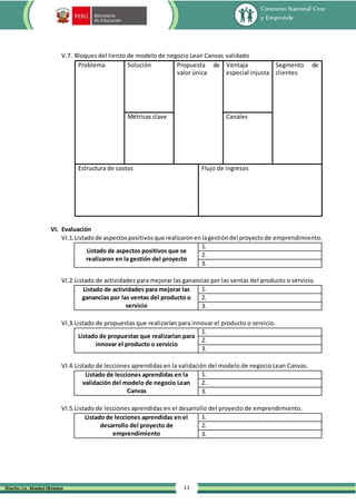 Concurso Nacional Crea
y Emprende
11
Diseño: Lic. Maykol Otiniano
V.7. Bloques del lienzo de modelo de negocio Lean Canvas validado
Problema Solución Propuesta de
valor única
Ventaja
especial injusta
Segmento de
clientes
Métricas clave Canales
Estructura de costos Flujo de ingresos
VI. Evaluación
VI.1.Listadode aspectospositivosque realizaronenlagestióndel proyectode emprendimiento.
Listado de aspectos positivos que se
realizaron en la gestión del proyecto
1.
2.
3.
VI.2.Listado de actividades para mejorar las ganancias por las ventas del producto o servicio.
Listado de actividades para mejorar las
ganancias por las ventas del producto o
servicio
1.
2.
3.
VI.3.Listado de propuestas que realizarían para innovar el producto o servicio.
Listado de propuestas que realizarían para
innovar el producto o servicio
1.
2.
3.
VI.4.Listado de lecciones aprendidas en la validación del modelo de negocio Lean Canvas.
Listado de lecciones aprendidas en la
validación del modelo de negocio Lean
Canvas
1.
2.
3.
VI.5.Listado de lecciones aprendidas en el desarrollo del proyecto de emprendimiento.
Listado de lecciones aprendidas en el
desarrollo del proyecto de
emprendimiento
1.
2.
3.
 