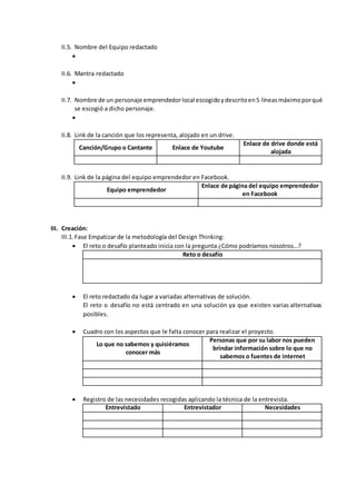II.5. Nombre del Equipo redactado

II.6. Mantra redactado

II.7. Nombre de un personaje emprendedorlocal escogidoydescritoen5 líneasmáximoporqué
se escogió a dicho personaje.

II.8. Link de la canción que los representa, alojado en un drive.
Canción/Grupo o Cantante Enlace de Youtube
Enlace de drive donde está
alojada
II.9. Link de la página del equipo emprendedor en Facebook.
Equipo emprendedor
Enlace de página del equipo emprendedor
en Facebook
III. Creación:
III.1. Fase Empatizar de la metodología del Design Thinking:
 El reto o desafío planteado inicia con la pregunta ¿Cómo podríamos nosotros…?
Reto o desafío
 El reto redactado da lugar a variadas alternativas de solución.
El reto o desafío no está centrado en una solución ya que existen varias alternativas
posibles.
 Cuadro con los aspectos que le falta conocer para realizar el proyecto.
Lo que no sabemos y quisiéramos
conocer más
Personas que por su labor nos pueden
brindar información sobre lo que no
sabemos o fuentes de internet
 Registro de las necesidades recogidas aplicando la técnica de la entrevista.
Entrevistado Entrevistador Necesidades
 