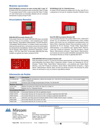 Canadá
25 Interchange Way
Vaughan, Ontario L4K 5W3
Teléfono: (905) 660-4655
Fax: (905) 660-4113
U.S.A.
4575 Witmer Industrial Estates
Niagara Falls, NY 14305
Teléfono: (888) 660-4655
Fax: (888) 660-4113
Página Web: http://www.mircom.com Email: mail@mircom.com
Distribuido por:
CAT. 5670S
Rev. 4
No indicado para propósitos de instalación
Información de Pedido
Modulos opcionales
OCAC-304 Modulo conversor de cuatro circuitos NAC a clase “A”
El módulo OCAC-304 convierte los cuatro circuitos NAC Clase “B” (Estilo
“Y”) que posee el panel FX-350, a cuatro circuitos NAC Clase “A” (Estilo
“Z”); este módulo posee sus terminales cableados para ser conectado
directamente a la placa principal FX-350.
RAM-300LCDR Anunciador Remoto LCD
El Anunciador Remoto LCD modelo RAM-300LCDR posee una pantalla
LCD de 2 líneas por 20 caracteres; y tiene pulsadores para “System
Reset” (Reinicio), “Signal Silence” (Silenciamiento), “Fire Drill” (Simulacro),
“Acknowledge” (Reconocimiento); y un teclado numérico para acceder a
todas las funciones del menú. Las funciones comunes de control pueden
ser individualmente deshabilitadas. También posee indicadores LED de
“ACOn”(Energía),“Alarm”(Alarma),“Supervisory”(Supervisión).“Trouble”
(Falla) y “CPU Fail” (Falla CPU). El anunciador RAM-300LCDR viene
completo con gabinete rojo, llaves y cerradura CAT-30.
Anunciadores Remotos
PR-300 Modulo City Tie / Polaridad Inversa
El módulo PR-300 proporciona salidas para City Box (solo EE.UU.)
y aplicaciones en las que los receptores requieren Polaridad Inversa
RAM-208R/RAM-216R Anunciadores Remotos LED
Estos anunciadores proveen 8 y 16 zonas de anunciación respectivamente. Ambos tienen LEDs bicolores
auto-configurables como Alarma (Rojo) o Supervisión (Ámbar). Cuentan con indicadores de “AC On”
(Energía), “Trouble” (Falla), “Signal Silence” (Silenciamiento); y con pulsadores para “System Reset”
(Reinicio), “Lamp Test” (Prueba de Lámparas), “Buzzer Silence” (Silenciamiento de Buzzer), y “Signal
Silence” (Silenciamiento). Además, tienen una llave que permite el acceso a las funciones de control.
Vienen con terminación en rojo y se montan en caja eléctrica estándar.
Serie RA-1000 Anunciadores Remotos LED
Los Anunciadores Remotos LED modelos RAM-1016TZ y RAM1032TZ
proveen 16 y 32 indicadores LED respectivamente; ambos modelos
poseen LEDs bicolor que son configurados automáticamente como
Alarma (Rojo) o Supervisión (Ámbar). Estos anunciadores cuentan con
indicadores de “AC On” (Energía), “Trouble” (Falla), “Signal Silence”
(Silenciamiento); y con pulsadores para “System Reset” (Reinicio),
“Lamp Test” (Prueba de Lámparas), “Fire Drill” (Simulacro), “Buzzer
Silence” (Silenciamiento de Buzzer), “Signal Silence” (Silenciamiento).
Las funciones de control se pueden deshabilitar individualmente. Ambos
Anunciadores Remotos se montan en gabinetes BB-1001R.
Modelo Descripción
FX-350-60-DR Panel Inteligente de Detección y Alarma de Incendio con 1 lazo (SLC) de 60 dispositivos y Comunicador Digital /
UDACT incorporado
FA-300TRB Accesorio para montaje semiembutido de Panel FX-350-60-DR
Módulos Opcionales
OCAC-304 Módulo Conversor de 4 NACs de Clase “B” a Clase “A”
PR-300 Módulo City Tie / Polaridad Inversa
Anunciadores Remotos
RAM-300LCDR Anunciador Remoto de LCD con gabinete incluido.
RAM-1016TZ Anunciador Remoto de 16 zonas de LED, montaje en gabinete Serie BB-1000.
RAM-1032TZ Anunciador Remoto de 32 zonas de LED, montaje en gabinete Serie BB-100.
BB-1001R Gabinete color Rojo para Anunciadores RAM-1016TZ o RAM-1032TZ (hasta 1 módulo)
RAM-208R Anunciador Remoto de 8 zonas con LED
RAM-216R Anunciador Remoto de 16 zonas con LED
 