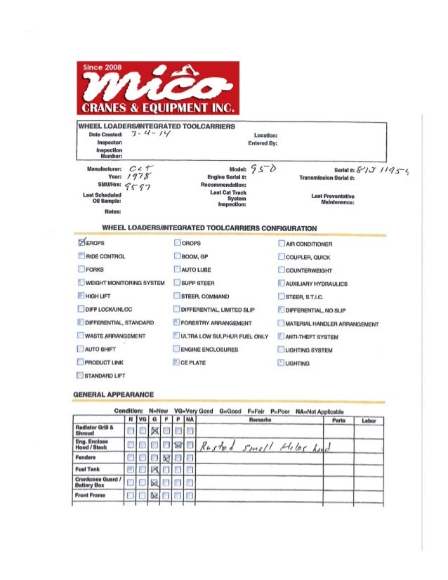CAT 950 81J11954 WHEEL LOADER INSPECTION REPORT