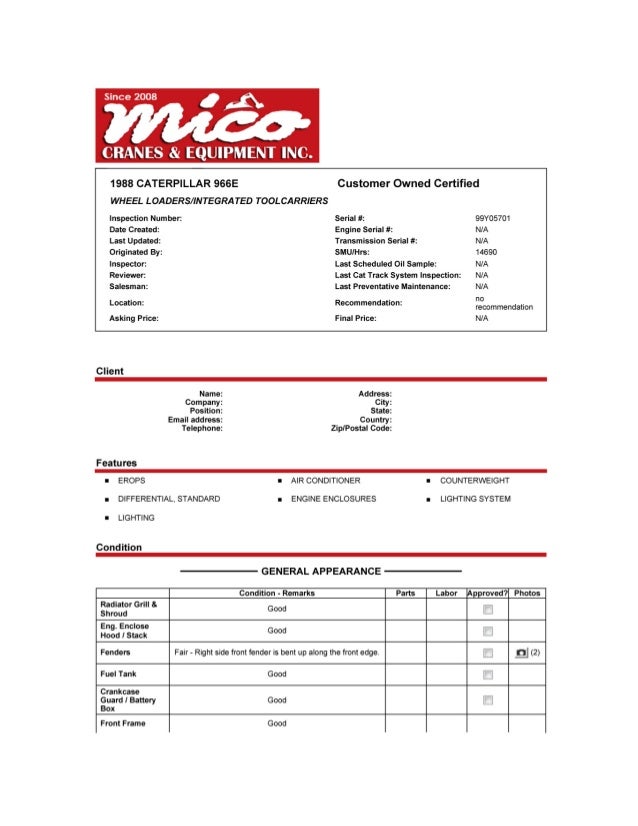 CAT 966 E 99Y05701 WHEEL LOADER INSPECTION REPORT