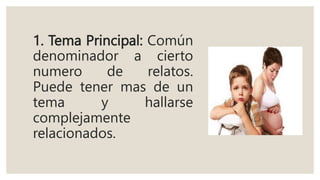 1. Tema Principal: Común
denominador a cierto
numero de relatos.
Puede tener mas de un
tema y hallarse
complejamente
relacionados.
 