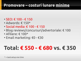 Promovare – costuri lunare minime


●
  SEO: € 100 - € 150
●
  Adwords: € 150*
●
  Social media: € 100 - € 150
●
  Blog re...