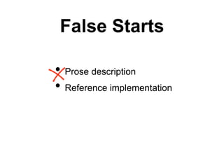 False Starts
• Prose description
• Reference implementation
 
