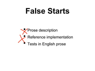 False Starts
• Prose description
• Reference implementation
• Tests in English prose
 
