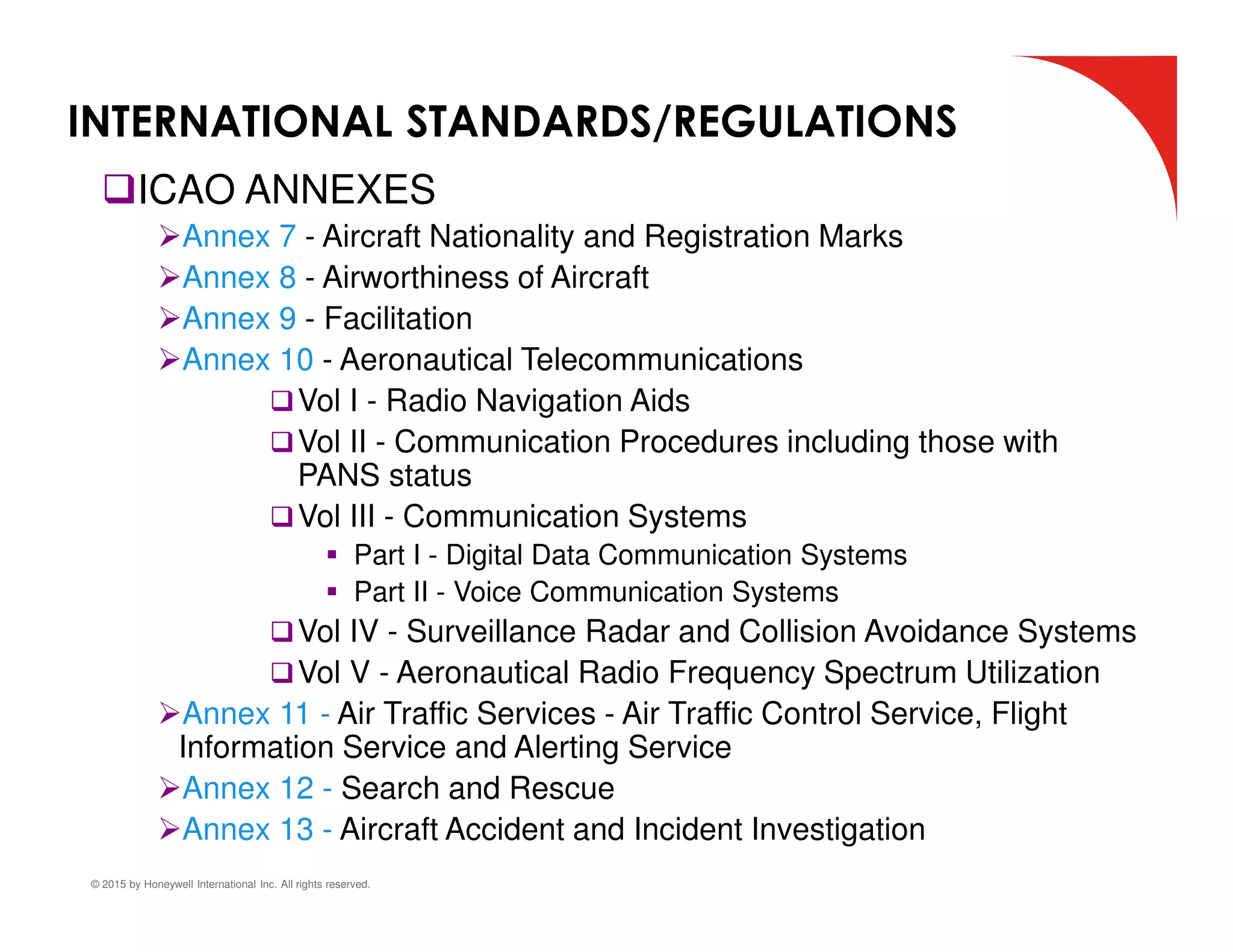 © 2015 by Honeywell International Inc. All rights reserved.
ICAO ANNEXES
Annex 7 - Aircraft Nationality and Registration Marks
Annex 8 - Airworthiness of Aircraft
Annex 9 - Facilitation
Annex 10 - Aeronautical Telecommunications
Vol I - Radio Navigation Aids
Vol II - Communication Procedures including those with
PANS status
Vol III - Communication Systems
 Part I - Digital Data Communication Systems
 Part II - Voice Communication Systems
Vol IV - Surveillance Radar and Collision Avoidance Systems
Vol V - Aeronautical Radio Frequency Spectrum Utilization
Annex 11 - Air Traffic Services - Air Traffic Control Service, Flight
Information Service and Alerting Service
Annex 12 - Search and Rescue
Annex 13 - Aircraft Accident and Incident Investigation
INTERNATIONAL STANDARDS/REGULATIONS
 