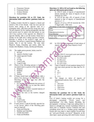 a. Potassium Chlorate
b. PotassiumNitrate
c. Sodium Chlorate
d. SodiumNitrate
D:il-ections: Q.160 to 16:3 a:re based on the ｦｯｬｬｯｷｾ＠
tableand illfonnationgil--enbebw:
I. In 1984-85 value of exports of rranufactured
articles exceeds the value of exports of raw
rraterials by I00%.
Directions for questions 156 ro 159: Stmy the
Wonnation below and answer questions based on
2. In 1985-86 the ratio of"/o of exports of raw
rraterial to that of exports of manufactured
it. articles is 3: 4.
A leading socialite decided to organise a dinner and
invited a few of her friends. Only the host and the
hostess were sitting at the opposite ends of a
rectangular table, with three persons along each side.
The pre-requisite for the seating arrangement was that
each person must be seated such that atleast on one
side it has a person of the opposite sex. Maqbool is
opposite Shobha, who is not the hostess. Ratan has a
worran on his right and is sitting opposite a woman.
Monisha is sitting to the hostess's right, next to
Dhirubhai. One person is seated between Madhuri and
3. Exports of Iod in 1985-86 exceeds the 1984-
85 figure byRs. 1006 crore.
Percenta eoftotal value of orts in India
Food
Manu!actured Articles
RawMaerial
Total value of Export (in
crore ofRs.
linnila, who is not the hostess. The men were 160 In ＱＹＸＴﾷＸ ･ ｰ ｾ ｴ｡ｧ･＠ of total values of
Maqbool, Ratan, Dhirubhai and Jackie, while the exports a o r il erns related to food?
women wereMadhuri,Unnila, Shobhaand Monisha. a ijb 9 1'/c
156. The eighth person present, Jackie, must be: ｾ ﾷ＠ o
I. the host •
II. seated to Shobha'sright ｾ＠ 1984-85, how much more raw matenal
III. seated opposite Unnila od was exported?
a I only a Rs 2580 crore
b Ill only b Rs 906 crore
c Iand II only c. Rs 1986 crore
d II and Ill only d. Rs 1852 crore
157.
not seated next to a person ofthe s e was how much percent less than that for 85-
b. Madhun a. 39
c. Jackie b. 42.5
a Maqbool ;:=! 86?
d. Shobha ｾ＠ c. 7
158. If Ratan would have ex ed eats with a d. 31.6
159.
person four places to his ·ch of the 163. The change in value of exports of
following would ve ｢ ｾ ｮ＠ true after the rranufactured articles from 1984-85 to 1985-
exchange? 86 is:
I. No on te ween two persons of a. 296 crore
the op (e.g. no rran was seated b. 629 crore
be women) c. 2064 crore
•
•ＺＺ ｾｾ ｾｾ ｾｾ＠ the table consisted entrely.of d. 1792 crore
ofthe same sex
_ .,.,..,·ther the host or the hostess changed Dil-ections for questions 164 ro 166: Stmy the
ts.
I only
II only
c. Iand II only
d. II and Ill only
If each person is placed directly opposite his
or her spouse, which of the following pairs
must be rrarried?
a. Ratanand Monism
b. Madhuri and Dhirubhai
c. Unnila andJackie
d. Ratanand Madhuri
illfonnation below a:nd a:nswer questions based on
it.
Five of India's leading models are posing for a
photograph promoting "World peace and
understanding". But then, Rakesh Shreshtha, the
photographer, is having a tough time getting them to
stand in a straight line, because AishwaJY<! refuses to
stand next to Sushnilta because Sushrnita had said
something about her in a leading gossip rragazine.
Rachel and Anu want to stand together because they
are "such good friends, you know" Manpreet, on the
other hand, cannot getalong well with Rachel, because
 