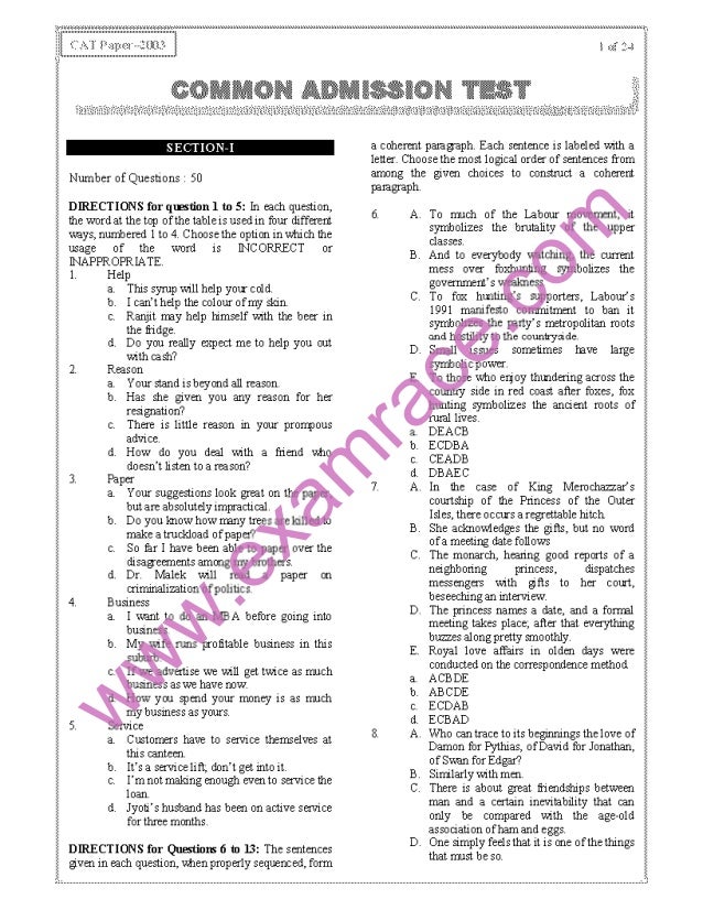 CAT 2003 Previous Year Question Paper With Answer Key