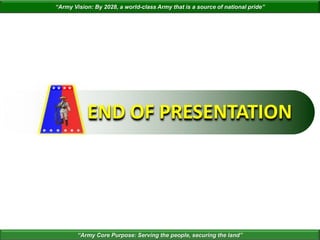“Army Vision: By 2028, a world-class Army that is a source of national pride”
END OF PRESENTATION
“Army Core Purpose: Serving the people, securing the land”
 
