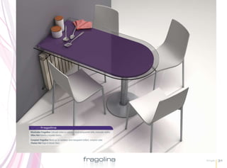 singlefragolina
Mostrador Fragolina Colocado sobre un radiador, cristal transparente brillo, mostrador violeta.
Sillas Hot Asiento y respaldo blanco.
Comptoir Fragolina Placée sur un radiateur, verre transparent brillant, comptoir violet.
Chaises Hot Siège et dossier blanc.




                                                                fragolina                         Single   31
 
