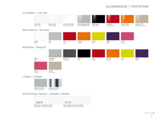 ACABADOS / FINITIONS

cristales / verres



        hielo mate                 blanco brillo     extra blanco brillo        gris metalizado brillo    negro brillo    rojo brillo      naranja brillo    tórtola brillo
        glace mate                 blanc brillant    extra blanc brillant       gris métallisé brillant   noir brillant   rouge brillant   orange brillant   tourterelle brillant


laminados / laminé



        blanco                     gris              rojo                       naranja                   verde           violeta          fucsia
        blanc                      gris              rouge                      orange                    vert            violet           fuchsia


lacados / lacqué



        blanco                     metalizado        antracita                  negro                     rojo            naranja          verde             violeta
        blanc                      métallisé         anthracite                 noir                      rouge           orange           vert              violet




        fucsia                     tórtola
        fuchsia                    tourterelle


metal / métal



        acabado aluminio           acabado cromado
        finition aluminium         finition chromé


encimeras fiesta / plateau fiesta



        fiesta azul, cristal blanco brillo           fiesta tórtola, cristal blanco brillo
        fiesta bleu, verre blanc brillant            fiesta tourterelle, verre blanc brillant




                                                                                                                                                                               Single   3
 