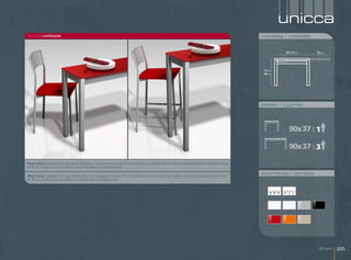 unicca
singleunicca                                                                                                                                                     medidas / medidas


                                                                                                                                                                          90 x 37 cm   56 cm




                                                                                                                                                                  74 cm
                                                                                                                                                                  89 cm




                                                                                                                                                                 plazas / lugares




                                                                                                                                                                            90x37 : 1

                                                                                                                                                                            90x37 : 3

Mesa Unicca Disponible en dos alturas diferentes. A la izquierda mesa de 75 cm. de altura para ser utilizada con sillas y/o taburetes bajos. A la derecha mesa
de 90 cm. de altura para ser utilizada como mostrador con taburetes altos.
                                                                                                                                                                 encimeras / tampos
Mesa Unicca Disponível em duas alturas diferentes. A esquerda mesa de 75 cm. de altura para ser utilizada com cadeiras e/ou bancos baixos A direita mesa
de 90 cm. de altura para ser utilizada como bancada com bancos altos.




                                                                                                                                                                                        Single   25
 