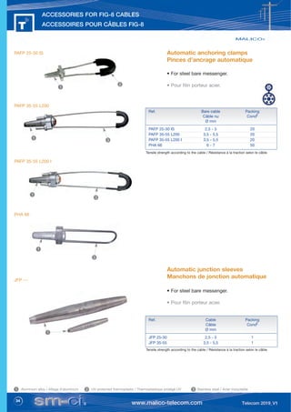 34
ACCESSORIES FOR FIG-8 CABLES
ACCESSOIRES POUR CÂBLES FIG-8
Automatic anchoring clamps
Pinces d’ancrage automatique
• For steel bare messenger.
• Pour filin porteur acier.
Ref. Bare cable Packing
Câble nu Condt
Ø mm
PAFP 25-30 IS 2,5 - 3 20
PAFP 35-55 L200 3,5 - 5,5 20
PAFP 35-55 L200 I 3,5 - 5,5 20
PHA 66 6 - 7 50
Automatic junction sleeves
Manchons de jonction automatique
• For steel bare messenger.
• Pour filin porteur acier.
Ref. Cable Packing
Câble Condt
Ø mm
JFP 25-30 2,5 - 3 1
JFP 35-55 3,5 - 5,5 1
Tensile strength according to the cable / Résistance à la traction selon le câble
Tensile strength according to the cable / Résistance à la traction selon le câble
PAFP 25-30 IS
PAFP 35-55 L200
PAFP 35-55 L200 I
PHA 66
1
1
1
1
2
3
3
Aluminium alloy / Alliage d’aluminium UV protected thermoplastic / Thermoplastique protégé UV Stainless steel / Acier inoxydable
1 2 3
1
3
JFP ---
 
