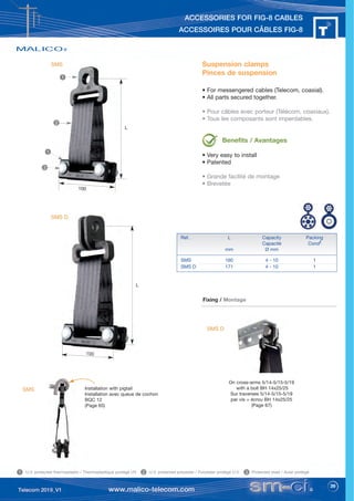 39
ACCESSORIES FOR FIG-8 CABLES
ACCESSOIRES POUR CÂBLES FIG-8
SMS
SMS
SMS D
SMS D
Installation with pigtail
Installation avec queue de cochon
BQC 12
(Page 65)
On cross-arms 5/14-5/15-5/19
with a bolt BH 14x25/25
Sur traverses 5/14-5/15-5/19
par vis + écrou BH 14x25/25
(Page 67)
L
L
100
Suspension clamps
Pinces de suspension
• For messengered cables (Telecom, coaxial).
• All parts secured together.
• Pour câbles avec porteur (Télécom, coaxiaux).
• Tous les composants sont imperdables.
Benefits / Avantages
• Very easy to install
• Patented
• Grande facilité de montage
• Brevetée
Ref. L Capacity Packing
Capacité Condt
mm Ø mm
SMS 160 4 - 10 1
SMS D 171 4 - 10 1
Fixing / Montage
100
1
3
2
1
U.V. protected thermoplastic / Thermoplastique protégé UV U.V. protected polyester / Polyester protégé U.V Protected steel / Acier protégé
1 2 3
 