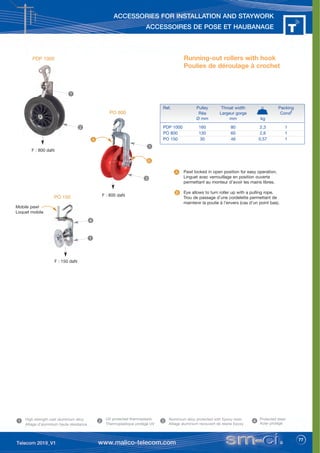 77
ACCESSORIES FOR INSTALLATION AND STAYWORK
ACCESSOIRES DE POSE ET HAUBANAGE
F : 800 daN
F : 150 daN
Mobile pawl
Loquet mobile
High strength cast aluminium alloy
Alliage d’aluminium haute résistance
F : 800 daN
Running-out rollers with hook
Poulies de déroulage à crochet
PDP 1000
PO 800
PO 150
Ref. Pulley Throat width Packing
Réa Largeur gorge Condt
Ø mm mm kg
PDP 1000 160 80 2,3 1
PO 800 130 60 2,6 1
PO 150 30 46 0,57 1
Aluminium alloy protected with Epoxy resin
Alliage aluminium recouvert de résine Epoxy
UV protected thermoplastic
Thermoplastique protégé UV
1
2
1
3
1 2 3
1
4
Protected steel
Acier protégé
4
Pawl locked in open position for easy operation.
Linguet avec verrouillage en position ouverte
permettant au monteur d’avoir les mains libres.
Eye allows to turn roller up with a pulling rope.
Trou de passage d’une cordelette permettant de
maintenir la poulie à l’envers (cas d’un point bas).
A
B
A
B
 