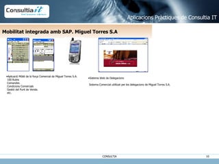 Mobilitat integrada amb SAP. Miguel Torres S.A Aplicacions Pràctiques de Consultia IT Aplicació Mòbil de la força Comercial de Miguel Torres S.A.  100 Rutes  Comandes  Condicions Comercials  Gestió del Punt de Venda.  etc. Sistema Web de Delegacions  Sistema Comercial utilitzat per les delegacions de Miguel Torres S.A. 