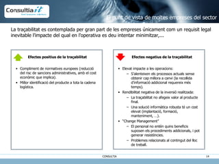 La traçabilitat es contemplada per gran part de les empreses únicament com un requisit legal inevitable l’impacte del qual en l’operativa es deu intentar minimitzar,... Compliment de normatives europees (reducció del risc de sancions administratives, amb el cost econòmic que implica). Millor identificació del producte a tota la cadena logística. Efectes positius de la traçabilitat Efectes negatius de la traçabilitat Elevat impacte a les operacions: S’alenteixen els processos actuals sense obtenir cap millora a canvi (la recollida d’informació addicional requereix més temps). Rendibilitat negativa de la inversió realitzada: La traçabilitat no afegeix valor al producte final. Una solució informàtica robusta té un cost elevat (implantació, formació, manteniment, …). “ Change Management” El personal no entén quins beneficis suposen els procediments addicionals, i pot generar resistències. Problemes relacionats al contingut del lloc de treball. El punt de vista de moltes empreses del sector 