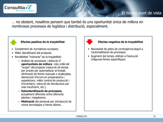 Compliment de normatives europees. Millor identificació del producte. Rendibilitat “indirecta” de la traçabilitat: Anàlisis de processos i detecció d’  oportunitats de millora  més enllà del “scope” del projecte (reducció de temps per procés per automatitzar el treball, eliminació de feines manuals o duplicades, disminució d’errors en preparacions i expedicions, millor control de producció i d’inventaris, reducció de devolucions per vida insuficient, etc.). Estandardització de processos  actualment diferents entre diferents plantes i magatzems. Motivació  del personal per introducció de noves tecnologies a feines diàries. Efectes positius de la traçabilitat Efectes negatius de la traçabilitat …  no obstant, nosaltres pensem que també és una oportunitat única de millora en nombrosos processos de logística i distribució, especialment. Necessitat de plans de contingència degut a l’automatització de processos. Augment del temps utilitzat a l’execució d’algunes feines específiques. El nostre punt de vista 