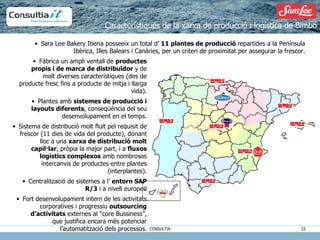 Característiques de la xarxa de producció i logística de Bimbo Fàbrica un ampli ventall de  productes propis i de marca de distribuïdor  y de molt diverses característiques (des de producte fresc fins a producte de mitja i llarga vida). Plantes amb  sistemes de producció i layouts diferents , conseqüència del seu desenvolupament en el temps. Sistema de distribució molt fluït pel requisit de frescor (11 dies de vida del producte), donant lloc a una  xarxa de distribució molt capil·lar , pròpia la major part, i a  fluxos logístics complexos  amb nombrosos intercanvis de productes entre plantes (interplantes). Centralització de sistemes a l’  entorn SAP R/3  i a nivell europeu Fort desenvolupament intern de les activitats corporatives i progressiu  outsourcing d’activitats  externes al “core Bussiness”, que justifica encara més potenciar l’automatització dels processos. Sara Lee Bakery Iberia posseeix un total d’  11 plantes de producció  repartides a la Península Ibèrica, Illes Balears i Canàries, per un criteri de proximitat per assegurar la frescor. 5 