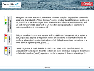 El registre de dades a recepció de matèries primeres, traspàs a disposició de producció i programa de producció o “fulles de maser” permet efectuar traçabilitat aigües a dalt, es a dir, identificar el lot de MP origen d’una determinada incidència a producte acabat, amb un cert marge d’errada, observant-se un important esforç realitzat per a controlar al màxim possible tota la utilització de MP Conclusions del treball inicial APROVISIONAMENT I PRODUCCIÓ LOGÍSTICA COMERCIAL Malgrat que el producte acabat s’envasi amb un codi intern que permet traçar aigües a dalt, aigües sota es perd la traçabilitat perquè en general no es informat quins lots de producte són enviats i a quins destins ( ni a nivell d’albarà, exceptuant excepcions, ni a nivell d’unitat logística- palets, gàbia,...-) Sense traçabilitat al nivell anterior, la distribució comercial no identifica els lots de producte entregats al punt de venta. Incloent els casos en els que es disposa d’informació a l’albarà d’expedició (pastís) aquesta es perd a la preparació de rutes a la delegació. 