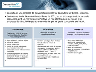 Consultia és una empresa de  Serveis Professionals de Consultoria de Gestió i Sistemes. Consultia va iniciar la seva activitat a finals de 2001, en un entorn generalitzat de crisis econòmica, amb un mercat que sol”licitava un nou plantejament de negoci a les empreses de consultoria que no eren cobertes per les grans companyes del sector. CONSULTORIA Coneixement específic sectorial i funcional. Capacitat d’anàlisis i resolució de problemes TECNOLOGIA Tecnologies de suport als processos de negoci INNOVACIÓ Coneixement funcional i tecnologia de suport a la convergència digital Plans estratègics / Plans de negoci.  Estudis de viabilitat.  Models d’operacions.  Models de control. Indicadors de quadres de comandament Anàlisis d’inversions. Valoració tècnica d’empreses Disseny i reenginyeria de processos (producció, logística, comercial ...)  Llançament d’iniciatives. Equips de coordinació de grans projectes.  … Estratègia tecnològica. Plans directors. Plans de sistemes. Selecció de productes. Reorganització de la funció de sistemes Sistemes ERP (principalment SAP R/3 incloent mySAP.com: SAP-Portals, Netweaver, EBPe, … i ORACLE). Sistemes globals de relació (CRM, BIW, Intranet, Extranet, …). Sistemes específics de relació basats en Serveis Web. … Nous canals i plataformes: GPRS/UMTS, Televisió Digital Terrestre, Satèl·lit, Cable, ADSL, Canals multimèdia,… Gestió del coneixement¡. Gestió de continguts i Personalització multiplataforma. Usabilitat i disseny gràfic. … 