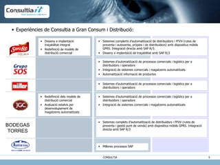 Disseny e implantació traçabilitat integral Redefinició de models de distribució comercial Sistemes complerts d’automatització de distribuïdors i FFVV (rutes de preventa i autoventa, pròpies i de distribuïdors) amb dispositius mòbils GPRS. Integració directa amb SAP R/3.  Disseny e implantació de traçabilitat amb SAP R/3 Redefinició dels models de distribució comercial Avaluació estalvis per desenvolupament de magatzems automatitzats Sistemes d’automatització de processos comercials i logístics per a distribuïdors i operadors Integració de sistemes comercials i magatzems automatitzats Automatització informació de productes Sistemes d’automatització de processos comercials i logístics per a distribuïdors i operadors Integració de sistemes comercials i magatzems automatitzats Sistemes d’automatització de processos comercials i logístics per a distribuïdors i operadors Millores processos SAP Experiències de Consultia a Gran Consum i Distribució: BODEGAS TORRES Sistemes complets d’automatització de distribuïdors i FFVV (rutes de preventa i gestió punt de venda) amb dispositius mòbils GPRS. Integració directa amb SAP R/3 