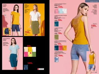 вид сзади
ФУТБОЛКА
079W2910,
ЖЕЛТАЯ
ДЖИНСОВЫЕ
ОБТЯГИВАЮЩИЕ
ШОРТЫ 079W3410,
СИНИЕ
БЛУЗКА ИЗ ВИСКОЗЫ
079W2610,
ГОЛУБАЯ
ТРИКОТАЖНАЯ
ЮБКА В ГОРОШЕК
079W3311,
ТЕМНО-СИНЯЯ
1
2
3
5
ретушь
БЛУЗКА
ИЗ ВИСКОЗЫ
079W2610,
БЕЛАЯ
ТРИКОТАЖНАЯ
ЮБКА
079W3310,
ХАКИ
3
5
4
1. ФУТБОЛКА
079W2910 Цвет: бежевый, желтый.
Состав: 100% хлопок.
Размеры: 40–56.
039W2910 Цвет: белый. Состав: 100% хлопок.
Размеры: 40–56.
Цвет: фуксия, лайм,
зеленый. Состав: 100% хлопок.
Размеры: 40–50.
600р. 449р.
синий
2. ДЖИНСОВЫЕ ОБТЯГИВАЮЩИЕ
ШОРТЫ 079W3410
Состав: 78% хлопок, 20% полиэстер,
2% эластан.
Размеры: 40–56.
2000р. 1499р.
бежевый
желтый
белый
лайм
фуксия
зеленый
Юбка
799р.
1100 р.
6
7
МАЙКА
С КРУЖЕВОМ
079W2210,
ЖЕЛТАЯ
ДЖИНСОВЫЕ
ШОРТЫ
С ПОТЕРТОСТЯМИ
079W3411,
ГОЛУБЫЕ
розовый
белый
голубой
3. БЛУЗКА ИЗ ВИСКОЗЫ 079W2610
Состав: 100% вискоза.
Размеры: 40–56.
1600р. 1199р.
темно-
синий
желтый
розовый
6. МАЙКА С КРУЖЕВОМ 079W2210
Состав: 60% полиэстер, 40% хлопок.
Размеры: 40–56.
800р. 599р.
темно-
синий
4. ТРИКОТАЖНАЯ ЮБКА В ГОРОШЕК
079W3311
Цвет: темно-синий.
Состав: 95% хлопок, 5% эластан.
Размеры: 40–56.
1300р. 899р.
голубой
7. ДЖИНСОВЫЕ ШОРТЫ
С ПОТЕРТОСТЯМИ 079W3411
Состав: 93% хлопок, 7% полиэстер.
Размеры: 40–56.
2000р. 1499р.
хаки
5. ТРИКОТАЖНАЯ ЮБКА
079W3310
Цвет: хаки.
Состав: 95% хлопок,
5% эластан.
Размеры: 40–56.
1100р. 799р.
Майка
599р.
800 р.
ОГРАНИЧЕНО!
количество
292 №09/2019 №09/2019 293
МОДА И СТИЛЬ
 