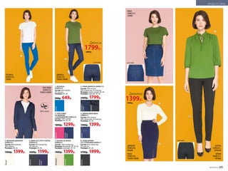 1. ЛЕГИНСЫ
039W3510
Состав: 95% хлопок,
5% эластан.
Размеры: 40–56.
900р. 649р.
синий
2. УЗКИЕ ДЖИНСЫ 039W3110
Состав: 78% хлопок,
20% полиэстер, 2% эластан.
Размеры (темно-синий): 40–44.
Размеры (черный): 40–56.
2400р. 1799р.
черный
темно-
синий
3. ТОЛСТОВКА
НА МОЛНИИ
С КАПЮШОНОМ 039W2510
Состав: 100% хлопок.
Размеры: 40–50, 54.
1800р. 1299р.
фуксия
темно-
синий
вид сзади
ТОЛСТОВКА
039W2510,
ТЕМНО-СИНЯЯ
ДЖИНСЫ
039W3110,
ТЕМНО-СИНИЕ
ЛЕГИНСЫ
039W3510,
СИНИЕ
1
2
3
синий
4. ДЖИНСОВАЯ ЮБКА
039W3311
Состав: 78% хлопок,
20% полиэстер, 2% эластан.
Размеры: 40–46.
1900р. 1399р.
7. БЛУЗКА ИЗ КРЕПА
039W2611
Состав: 100% полиэстер.
Размеры (бежевый): 40–50, 56.
Размеры (зеленый): 40–52.
1900р. 1399р.
бежевый
зеленый
6. ЮБКА ИЗ СТРЕТЧ-КРЕПА
039W3310
Состав: 95% полиэстер,
5% эластан.
Размеры: 40–48.
1600р. 1199р.
черный
темно-
синий
5. ВЯЗАНЫЙ ДЖЕМПЕР
039W2310
Состав: 80% вискоза,
20% нейлон.
Размеры: 40–56.
1900р. 1399р.
белый
8. УЗКИЕ БРЮКИ
СО СТРЕЛКАМИ 039W3211
Состав: 95% полиэстер,
5% эластан.
Размеры: 40–50.
2700р. 1999р.
черный
ЮБКА
039W3311,
СИНЯЯ
вид сзади
ДЖЕМПЕР
039W2310,
БЕЛЫЙ
ЮБКА
039W3310,
ТЕМНО-СИНЯЯ
Джемпер
1399р.
1900 р.
БЛУЗКА
039W2611,
ЗЕЛЕНАЯ
БРЮКИ
039W3211,
ЧЕРНЫЕ
вид сзади
4
5
6
8
7
Джинсы
1799р.
2400 р.
№09/2019 295
МОДА И СТИЛЬ
 