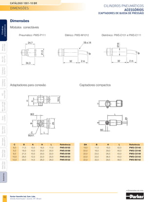92
Cilindros pneumáticos
acessórios
(captadores de queda de pressão)
Catálogo 1001-10 BR
Parker Hannifin Ind. Com. Ltda.
Divisão Automação | Jacareí, SP | Brasil
Miniatura
Série
3300
Mini
ISO
Série
P1A
Compacto
Série
P1P
Compacto
Série
P1Q
ISO
Série
P1EB
Cilindros
pneumáticos
Mon.
com
Vál.
Série
P1EBV
Guias
Lineares
Sem
Haste
Série
P1Z
Sem
Haste
Série
OSP-P
Heavy
Duty
Série
3400
Acessórios
Heavy
Duty
Série
3520
	ØA	 B	 H	 L	 Referência
	
19,0	11,0	16,0	42,0	 PWS-C5145
	
22,0	16,5	29,0	40,0	 PWS-C5148
	
22,0	23,5	26,0	43,0	 PWS-C5149
	
22,0	23,5	36,5	43,0	 PWS-C5143
	
22,0	32,0	29,5	48,0	 PWS-B5142
Dimensões
Módulos conectáveis
Eletrônico: PWS-E101 e PWS-E111
Pneumático: PWS-P111 Elétrico: PWS-M1012
	C	 B	 K	 H	 L	 Referência
	
8,0	 11,0	10,0	16,5	17,0	 PWS-B155
	
5,0	 16,0	10,0	20,0	20,0	PWS-B188
	
8,0	 21,0	10,0	20,0	22,0	 PWS-B199
	
10,0	28,0	12,0	22,0	25,0	 PWS-B133
	
12,0	33,0	14,0	26,0	26,0	 PWS-B122
Adaptadores para conexão Captadores compactos
34,3
21,5
24,7
32 2 m
18 x 14
32
Ø16
2 m
Dimensões
• Dimensões em mm.
 