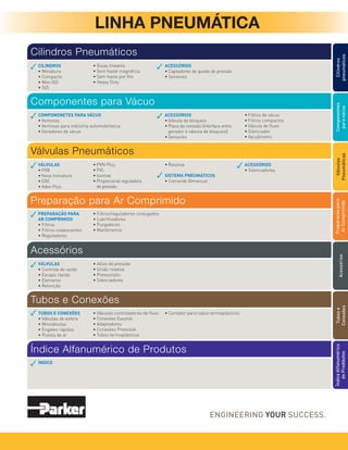 LINHA PNEUMÁTICA
Componentes
para
vácuo
Cilindros
pneumáticos
Válvulas
Pneumáticas
Tubos
e
Conexões
Índice
Alfanumérico
de
Proddutos
CILINDROS
• Miniatura
• Compacto
• Mini ISO
• ISO
Cilindros Pneumáticos
Componentes para Vácuo
Válvulas Pneumáticos
Tubos e Conexões
Índice Alfanumérico de Produtos
• Guias lineares
• Sem haste magnética
• Sem haste por fita
• Heavy Duty
ACESSÓRIOS
• Captadores de queda de pressão
• Sensores
COMPONONETES PARA VÁCUO
• Ventosas
• Ventosas para indústria automobilística
• Geradores de vácuo
VÁLVULAS
• PXB
• Nova miniatura
• G50
• Adex Plus
ÍNDICE
TUBOS E CONEXÕES
• Válvulas de esfera
• Miniválvulas
• Engates rápidos
• Pistola de ar
ACESSÓRIOS
• Válvula de bloqueio
• Placa de conexão (interface entre
gerador e válvula de bloqueio)
• Sensores
• PVN Plus
• PVL
• Isomax
• Proporcional reguladora
de pressão
Preparacão
para
Ar
Comprimido
Preparação para Ar Comprimido
PREPARAÇÃO PARA
AR COMPRIMIDO
• Filtros
• Filtros coalescentes
• Reguladores
• Filtros/reguladores conjugados
• Lubrificadores
• Purgadores
• Manômetros
• Válvulas controladoras de fluxo
• Conexões Easylok
• Adaptadores
• Conexões Prestolok
• Tubos termoplásticos
• Rotativa
SISTEMA PNEUMÁTICOS
• Comando Bimanual
ACESSÓRIOS
• Silenciadores
Acessórios
Acessórios
VÁLVULAS
• Controle de vazão
• Escape rápido
• Elemento
• Retenção
• Alívio de pressão
• União rotativa
• Pressostato
• Silenciadores
• Filtros de vácuo
• Filtros compactos
• Válvula de fluxo
• Silenciador
• Vacuômetro
• Cortador para tubos termoplásticos
 