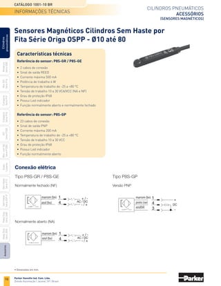 98
Cilindros pneumáticos
acessórios
(sensores magnéticos)
Catálogo 1001-10 BR
Parker Hannifin Ind. Com. Ltda.
Divisão Automação | Jacareí, SP | Brasil
Miniatura
Série
3300
Mini
ISO
Série
P1A
Compacto
Série
P1P
Compacto
Série
P1Q
ISO
Série
P1EB
Cilindros
pneumáticos
Mon.
com
Vál.
Série
P1EBV
Guias
Lineares
Sem
Haste
Série
P1Z
Sem
Haste
Série
OSP-P
Heavy
Duty
Série
3400
Acessórios
Heavy
Duty
Série
3520
• Dimensões em mm.
Conexão elétrica
Tipo P8S-GR / P8S-GE
Normalmente fechado (NF)
Tipo P8S-GP
Versão PNP
Normalmente aberto (NA)
marrom (bn)
preto (sw)
azul(bl)
marrom (bn)
azul (bu)
marrom (bn)
azul (bu)
marrom (bn)
preto (sw)
azul(bl)
marrom (bn)
azul (bu)
marrom (bn)
azul (bu)
marrom (bn)
preto (sw)
azul(bl)
marrom (bn)
azul (bu)
marrom (bn)
azul (bu)
Sensores Magnéticos Cilindros Sem Haste por
Fita Série Origa OSPP - Ø10 até 80
Características técnicas
Referência do sensor: P8S-GR / P8S-GE
•	 2 cabos de conexão
•	 Sinal de saída REED
•	 Corrente máxima 500 mA
•	 Potência de trabalho 6 W
•	 Temperatura de trabalho de -25 a +80 °C
•	 Tensão de trabalho 10 a 30 VCA/VCC (NA e NF)
•	 Grau de proteção IP68
•	 Possui Led indicador
•	 Função normalmente aberto e normalmente fechado
Referência do sensor: P8S-GP
•	 23 cabos de conexão
•	 Sinal de saída PNP
•	 Corrente máxima 200 mA
•	 Temperatura de trabalho de -25 a +80 °C
•	 Tensão de trabalho 10 a 30 VCC
•	 Grau de proteção IP68
•	 Possui Led indicador
•	 Função normalmente aberto
informações técnicas
 