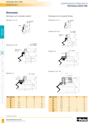 10
Catálogo 1001-10 BR
Parker Hannifin Ind. Com. Ltda.
Divisão Automação | Jacareí, SP | Brasil
MCA
CV
MC22
Acessórios
CEK
MC72
Ventosas
PFG
PBG
PCG
PKG,
PKGF
e
PKJG
Gerador
de
vácuo
Componentes
para
vácuo
Componentes para vácuo
ventosas Série PBG
Diâmetros 10 e 15
Diâmetros 20 a 50
Diâmetro 75
G1: 1/8 BSPP
G2: 1/4 BSPP
20B 40: 1/2"
50: 9/16"
A
E
B
C
D
B
C
D
E
G2: 1/4 BSPP
9/16"
M10x1,25
A
A
SW8
G1: 1/8 BSPP
M5: M5
E
B
C
D
Dimensões
Ventosas com conexão macho Ventosas com conexão fêmea
Diâmetros 10 e 15
Diâmetros 20 a 50
Diâmetros 110 e 150
Diâmetro 75
G1: 1/8 BSPP
G2: 1/4 BSPP
20B 40: 1/2"
50: 9/16
A
E
C
B
B
E
C
G2: 1/4 BSPP
9/16"
A
A
G1: 1/8 BSPP
M5x0,8
B
E
C
	 ØA (ventosa)	 B	 C	 D	 E
	 10	 17	4,5	3,5	7,5
	 20	 27	8	 5	12
	 30	 35,5	8	 5	 17
	 40	 35,5	8	 5	15,5
	 50	 41,5	8	 5	 20
	 75	 50,5	
10	7	22
A
G4: 1/2 BSPP
1/8 BSPP
B
D
E
C
Ø 57
	 ØA (ventosa)	 B	 C	 D	 E
	 10	 21,5	8	 -	 7,5
	 20	 36	
14	-	12
	 30	 44,5	
14	-	17
	 40	 44,5	14	 -	 15,5
	 50	 50,5	
14	-	20
	75	 60,5	19,5	 -	 22
	120	 78	24	13	29
	 150	 97	24	13	38
• Dimensões em mm.
dimensões
 