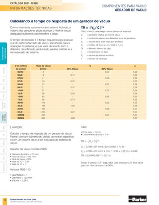 18
Catálogo 1001-10 BR
Parker Hannifin Ind. Com. Ltda.
Divisão Automação | Jacareí, SP | Brasil
MCA
CV
MC22
Acessórios
CEK
MC72
Ventosas
PFG
PBG
PCG
PKG,
PKGF
e
PKJG
Gerador
de
vácuo
Componentes
para
vácuo
Componentes para vácuo
gerador de vácuo
Calculando o tempo de resposta de um gerador de vácuo
TR = ( VD
/ C )1/a
TR(s)	 = tempo para atingir o vácuo (tempo de resposta)
C	 = constante relativa ao nível de vácuo
a	 = coeficiente relativo aos diferentes tipos de geradores
VD
	 = volume de ar a ser evacuado em litros
VD
	 = 0,780 x DI2
(mm) x L(m) /1000 + PV
(n)
DI	 = diâmetro interno do tubo
L	 = comprimento do tubo
PV
	 = volume da ventosa em litros
n	 = número de ventosas
Exemplo:
Calcular o tempo de resposta de um gerador de vácuo
Parker, com um diâmetro do orifício de venturi específico
e com um volume de ar a ser evacuado do sistema de
vácuo.
Gerador de vácuo modelo 25HS
• Diâmetro do orifício = 2,5 mm
• Fluxo de vácuo = 160 l/min
• Nível de vácuo = 90%
• Valor de "C" = 0,69
• Valor de "a" = 1
Ventosa PBG-150
• Quantidade = 1
• Diâmetro = 150 mm
• Volume = 0,26 l
	 Ø do orifício	 Fluxo de vácuo		 C		 a
	 do venturi	 (l/min)	 55% Vácuo		 90% Vácuo	
	 05HS	 6	 -		0,03	 1,02
	 05LS	 9	 0,11		 -	 1,06
	07HS	 11	 -		0,06	 1,02
	07LS	 19	 0,31		 -	 1,02
	 09HS	 15	 -		0,07	 1,09
	 09LS	 21	 0,37		 -	 1,09
	 10HS	 27	 -		0,12	 1,09
	10LS	 36	 0,25		 -	 1,09
	 15HS	 63	 -		0,25	 1,00
	 15LS	 95	 0,74		 -	 1,09
	 20HS	 110	 -		0,62	 1,09
	 20LS	 165	 1,00		 -	 1,09
	 25HS	 160	 -		0,69	 1,00
	 25LS	 250	 3,27		 -	 1,00
	 30AHS	 225	 -		0,97	 1,00
	 30ALS	 350	 4,88		 -	 1,00
Tubo
• DI do tubo = 10 mm
• Comprimento do tubo = 3 m
TR =  ( VD
/ C )1/a
VD
= 0,780 x DI2
(mm) x L(m) /1000 + PV
(n)
VD
= 0,780 x (10 mm)2
x (3 m / 1000) + 0,26 (1) = 0,494 l
TR = (0,494/0,69)(1/1)
= 0,71 s
Então, é preciso 0,71 segundos para evacuar 0,26 litros de ar
para um nível de vácuo de 90%.
informações técnicas
Com o mínimo de vazamentos em sistema fechado, a
maioria dos geradores pode alcançar o nível de vácuo
adequado suficiente para transferir a peça.
O tempo de resposta é o tempo requerido para evacuar
o ar do sistema fechado de vácuo, importante para a
operação do sistema, o qual varia de acordo com o
diâmetro do orifício do venturi e do volume total de ar a
ser evacuado do sistema.
 