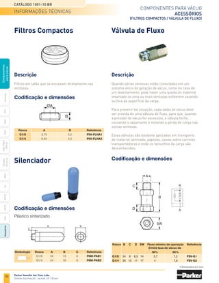 30
Catálogo 1001-10 BR
Parker Hannifin Ind. Com. Ltda.
Divisão Automação | Jacareí, SP | Brasil
MCA
CV
MC22
Acessórios
CEK
MC72
Ventosas
PFG
PBG
PCG
PKG,
PKGF
e
PKJG
Gerador
de
vácuo
Componentes
para
vácuo
Componentes para vácuo
acessórios
(Filtros compactos / válvula de fluxo)
	Rosca	 B	 C	 D	 SW		
Fluxo mínimo de operação	 Referência
						 (l/min) 	
taxa de vácuo de		
						 30%		 60%
	G1/8	 34	 8	 8,5	 14	 3,7	 	 7,2	 FSV-G1
	G1/4	 36	10	11	17	 4		 7,8	 FSV-G2
Codificação e dimensões
Codificação e dimensões
Plástico sinterizado
Codificação e dimensões
	Simbologia	 Rosca	 A	 B	 C	 Referência
		 G1/8	 34	13	 6	 P6M-PAB1
		 G1/4	 44	16	 8	 P6M-PAB2
	Rosca	 A	 B	 Referência
	G1/8	 3,75	3,5	 P5V-FLNA1
	 G1/4	 6,40	4,0	 P5V-FLNA2
• Dimensões em mm.
Filtros Compactos Válvula de Fluxo
Silenciador
Descrição
Filtros em latão que se encaixam diretamente nas
ventosas.
Descrição
Quando várias ventosas estão conectadas em um
sistema único de geração de vácuo, como no caso de
um levantamento, pode haver uma queda do material
levantado se uma ou mais ventosas estiverem vazando
ou fora da superfície da carga.
Para prevenir tal situação, cada saída de vácuo deve
ser provida de uma válvula de fluxo, para que, quando
a pressão de vácuo for excessiva, a válvula feche,
cessando o vazamento e evitando a perda de carga nas
outras ventosas.
Estas válvulas são bastante aplicadas em transporte
de material laminado, papelão, caixas sobre correias
transportadoras e onde os tamanhos da carga são
desconhecidos.
informações técnicas
 