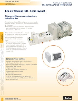 VÁLVuLAS PnEuMÁtiCAS
ILHA DE VÁLVULAS ISO - SÉRIE ISYSNET
CATÁLOGO 1001-10 BR
Parker Hanniﬁn Ind. Com. Ltda.
divisão Automação | Jacareí, SP | Brasil
Ilha de Válvulas ISO - Série Isysnet
Sistema modular com comunicação em
redes Field Bus
A nova ilha de válvulas ISO série Isysnet com comunicação
em redes field bus permite o uso de quatro diferentes tipos
de protocolos:
• Ethernet IP, Profibus DP, Control Net e Device Net,
que disponibilizam até 62 módulos I/O com até
252 entradas e 252 saídas.
A ilha de válvulas, o módulo I/O e o módulo
de comunicação, podem ser facilmente
montados através de mecanismos
que eliminam a necessidade de
ferramentas, unindo vantagens
como:
• Rápida instalação, simplicidade
de controle de automação e rápidas
transmissões de dados, podendo
desta forma oferecer: padronização,
flexibilidade para montagem, além de
poder ser controlada por diferentes
tipos de CLP.
introdução
Características técnicas
• Atendem as normas iSo 15407-2, 5599-1 e 5599-2
• Certiﬁcações uL, C-uL e CE
• Protocolos Ethernet iP, Proﬁbus dP, Controlnet e device net
• Solenóide de baixa potência
• rápida instalação
• Simplicidade no controle de automação
• rápidas transmissões de dados
• Padronização
• Flexibilidade para montagem
• Pode ser controlada por diferentes tipos de CLP
• Até 62 módulos i/o com até 252 entradas e 252 saídas
• Grau de proteção iP65
1.6
PXB
G50
PVL
PHS
HV
nova
Miniatura
Introdução
PVn
Plus
Adex
Plus
iSoMAX
isysnet
Moduﬂ
ex
P31PA
e
P32PA
Comando
bimanual
Acessórios
Válvulas
Pneumáticas
 