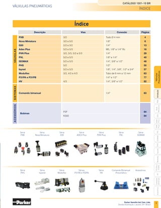 VÁLVuLAS PnEuMÁtiCAS
CATÁLOGO 1001-10 BR
Parker Hanniﬁn Ind. Com. Ltda.
divisão Automação | Jacareí, SP | Brasil
ÍndiCE
3
PXB
G50
PVL
PHS
HV
nova
Miniatura
Introdução
PVn
Plus
Adex
Plus
iSoMAX
isysnet
Moduﬂ
ex
P31PA
e
P32PA
Comando
bimanual
Acessórios
Válvulas
Pneumáticas
Índice
PXB 3/2 Tudo Ø 4 mm 4
Nova Miniatura 3/2 e 5/2 1/8" 6
G50 2/2 e 3/2 1/4" 13
Adex Plus 5/2 e 5/3 M5, 1/8" e 1/4" Rc 16
PVN Plus 3/2, 3/3, 5/2 e 5/3 1/4" 29
PVL 5/2 e 5/3 1/8" e 1/4" 40
ISOMAX 5/2 e 5/3 1/4", 3/8" e 1/2" 48
PHS 5/2 1/2" 55
Isynet 5/2 e 5/3 1/8", 1/4", 3/8", 1/2" e 3/4" 57
Moduﬂex 3/2, 4/2 e 4/3 Tubo de 6 mm a 12 mm 63
P31PA e P31PB 1/4" e 1/2" 77
HV 4/3 1/4", 3/8" e 1/2" 82
VÁ
LV
U
L
A
S
Descrição Vias Conexão Página
S
I
S
T
E
M
A
S
Bobinas
P2F 84
K593 84
A
C
E
S
S
Ó
R
I
O
S
Comando bimanual 1/4" 83
Série
nova Miniatura
Série
PXB
Série
PVn Plus
Série
AdEX Plus
Série
G50
Série
PHS
Série
PVL
Série
iSoMAX
Série
Moduﬂex
Série
isysnet
Séries
P31PA e P32PA
Série
HV
Comando Bimanual
Pneumático
Acessórios
 