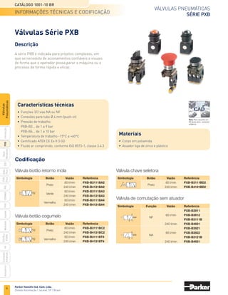 4
Válvulas pneumáticas
Série PXB
Catálogo 1001-10 BR
Parker Hannifin Ind. Com. Ltda.
Divisão Automação | Jacareí, SP | Brasil
PXB
G50
pvl
phs
HV
Nova
Miniatura
Introdução
PVN
Plus
Adex
Plus
ISOMAX
Isysnet
Moduflex
P31PA
e
P32PA
Comando
bimanual
Acessórios
Válvulas
Pneumáticas
Descrição
A série PXB é indicada para projetos complexos, em
que se necessita de acionamentos confiáveis e visuais
de forma que o operador possa parar a máquina ou o
processo de forma rápida e eficaz.
Válvulas Série PXB
Características técnicas
•	 Funções 3/2 vias NA ou NF
•	 Conexões para tubo Ø 4 mm (push-in)
•	 Pressão de trabalho:
	 PXB-B3... de 1 a 9 bar
	 PXB-B4... de 1 a 10 bar
•	 Temperatura de trabalho -15°C a +60°C
•	 Certificado ATEX CE Ex II 3 GD
•	 Fluido ar comprimido, conforme ISO 8573-1; classe 3.4.3
Codificação
Válvula botão retorno mola
Válvula de comutação sem atuador
Válvula botão cogumelo
	 Simbologia 	 Botão	 Vazão 	 Referência
		
Preto
	 60 l/min	PXB-B3111BA2
			 240 l/min	PXB-B4131BA2
		
Verde
	 60 l/min	PXB-B3111BA3
			 240 l/min	PXB-B4131BA3
		
Vermelho
	 60 l/min	PXB-B3111BA4
			 240 l/min	PXB-B4131BA4
	 Simbologia 	 Função	 Vazão 	 Referência
				 PXB-B3911
		
NF
	 60 l/min	 PXB-B3912
				 PXB-B3111B
			 240 l/min	 PXB-B4931
				 PXB-B3921
		
NA
	 60 l/min	 PXB-B3922
				 PXB-B3121B
			 240 l/min	 PXB-B4931
	 Simbologia 	 Botão	 Vazão 	 Referência
		
Preto
	 60 l/min	PXB-B3111BC2
			 240 l/min	PXB-B4131BC2
		
Vermelho
	 60 l/min	PXB-B3111BT4
			 240 l/min	PXB-B4131BT4
Válvula chave seletora
	 Simbologia 	 Botão	 Vazão 	 Referência
		
Preto
	 60 l/min	PXB-B3111BD2
			 240 l/min	PXB-B4131BD2
informações técnicas e codificação
Materiais
•	 Corpo em poliamida
•	 Atuador liga de zinco e plástico
Nota: Para desenho em
3D desta série, consultar
a fábrica.
 