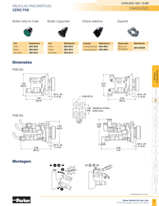 5
Válvulas pneumáticas
Série PXB
Catálogo 1001-10 BR
Parker Hannifin Ind. Com. Ltda.
Divisão Automação | Jacareí, SP | Brasil
PXB
G50
pvl
phs
HV
Nova
Miniatura
Introdução
PVN
Plus
Adex
Plus
ISOMAX
Isysnet
Moduflex
P31PA
e
P32PA
Comando
bimanual
Acessórios
Válvulas
Pneumáticas
Botão retorno mola Botão cogumelo Chave seletora Suporte
	Função	 Referência
	 2 posições fixa	 ZB4-BD2
	 3 posições fixa	 ZB4-BD3
	Descrição	 Referência
	 Bloco de	
ZB4-BZ009
	Montagem
	Cor	 Referência
	 Preto	ZB4-BA2
	 Verde	ZB4-BA3
	 Vermelho	ZB4-BA4
	Cor	 Referência
	 Preto	ZB4-BC2
	 Verde	ZB4-BC3
	 Vermelho	ZB4-BC4
Dimensões
Montagem
PXB-B3
PXB-B4
1.83
(46.5)
1.95
(49.5)
.04 to .24
(1 to 6)
2.01
(51)
2.34
(59.5)
.04 to .24
(1 to 6)
.04 to .24
(1 to 6)
2.95
(75)
2.20
(56)
ø.89 (22.5)
Distância mínima
entre furos
1.18
(30)
1.58
(40)
.04 to .24
(1 to 6)
2.58
(65.5)
1.82
(46.2)
1
1
2
2 3
4
Top
CLICK
3 4
Dimensões
• Dimensões em mm.
 